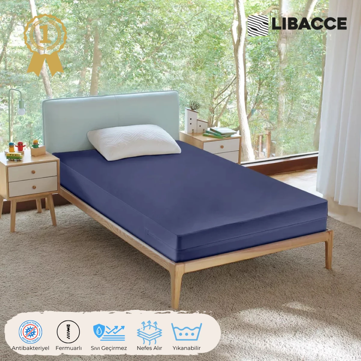 Poliüretan Fermuarlı Lacivert Sıvı Geçirmez Silinebilir Yatak Alezi - 90x190x24