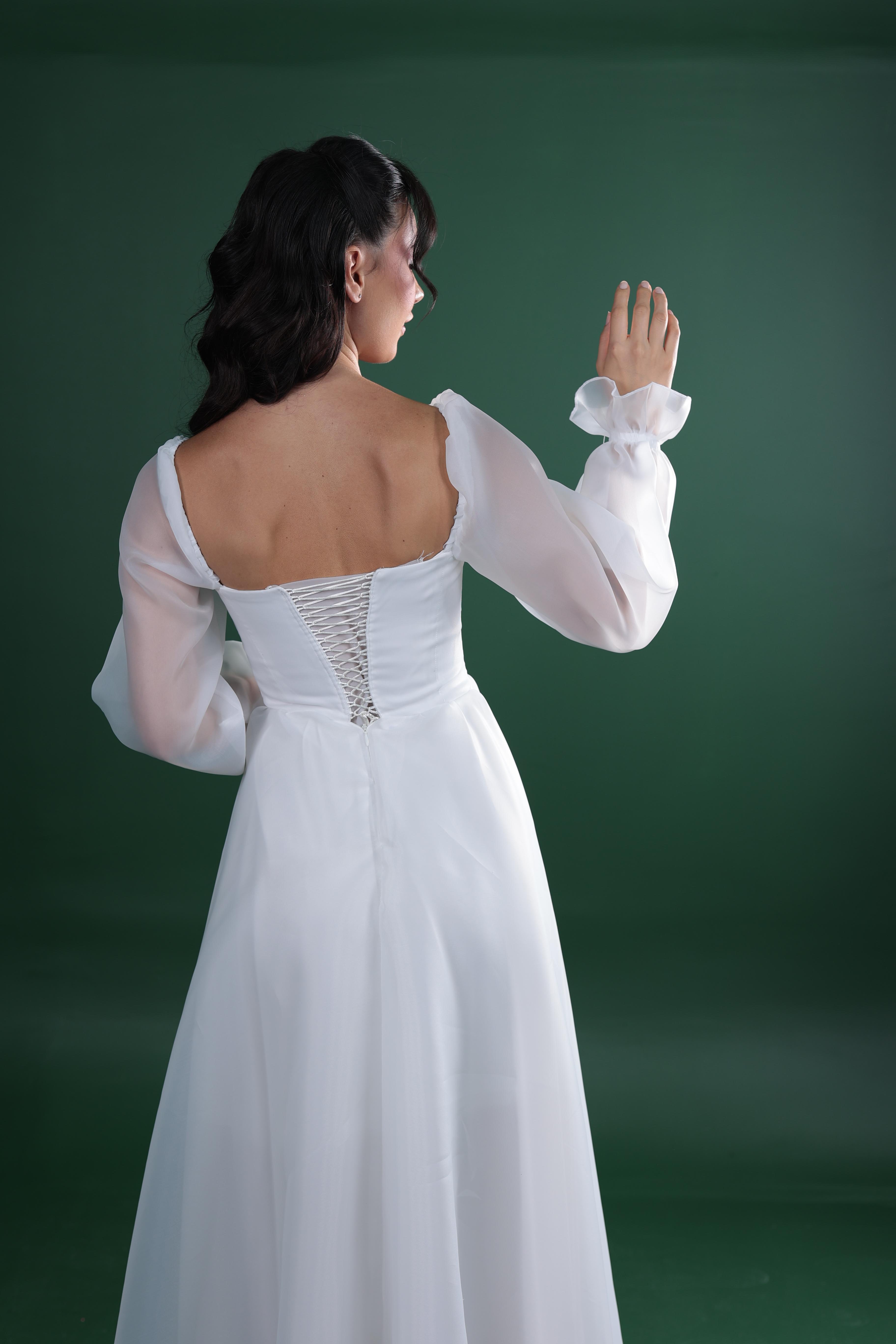 Kare Yaka Kloş Balon Kol Nikah Elbisesi - Eros