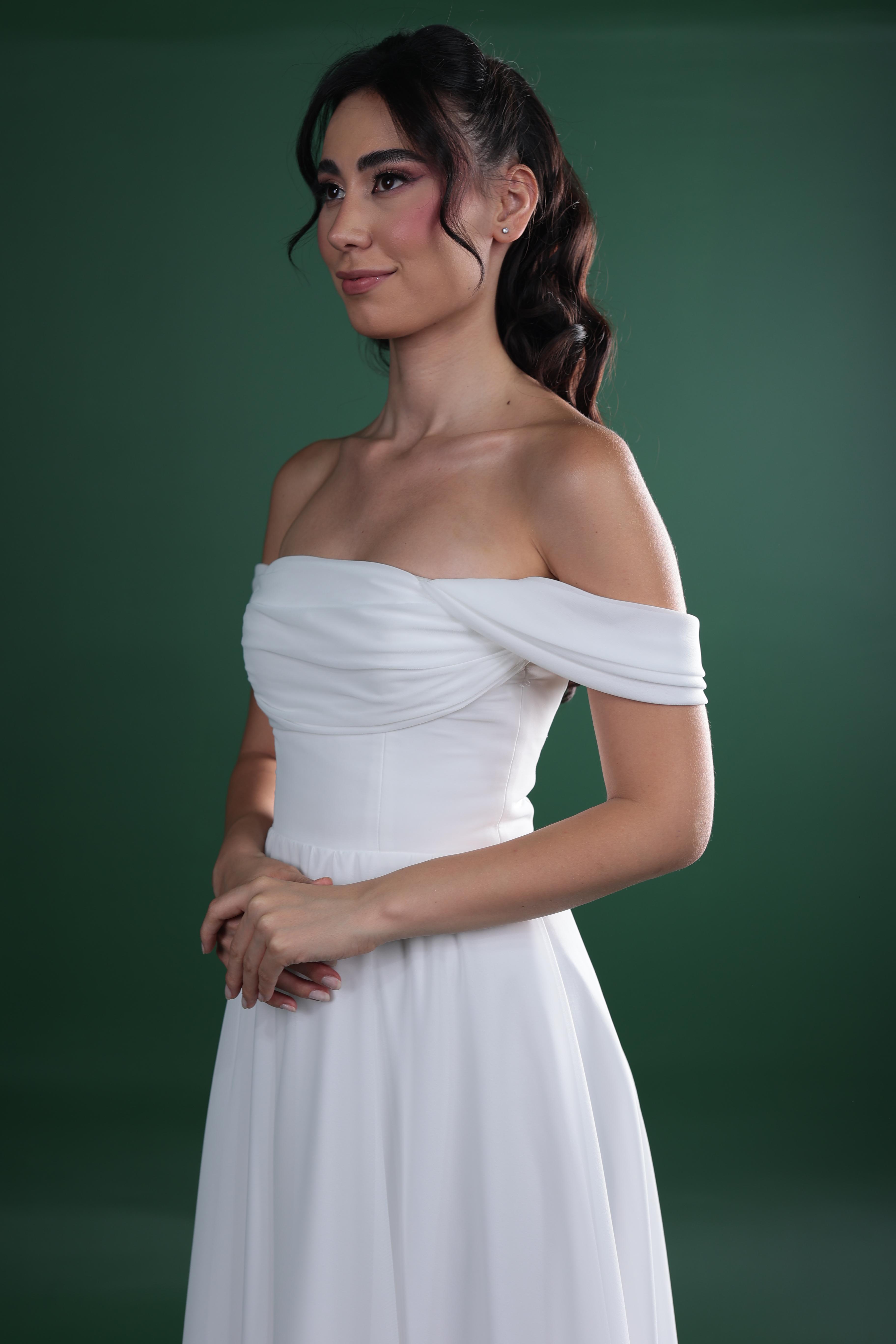 Düşük Kol Drapeli Kloş Nikah ve Dış Çekim Elbisesi - Manolya