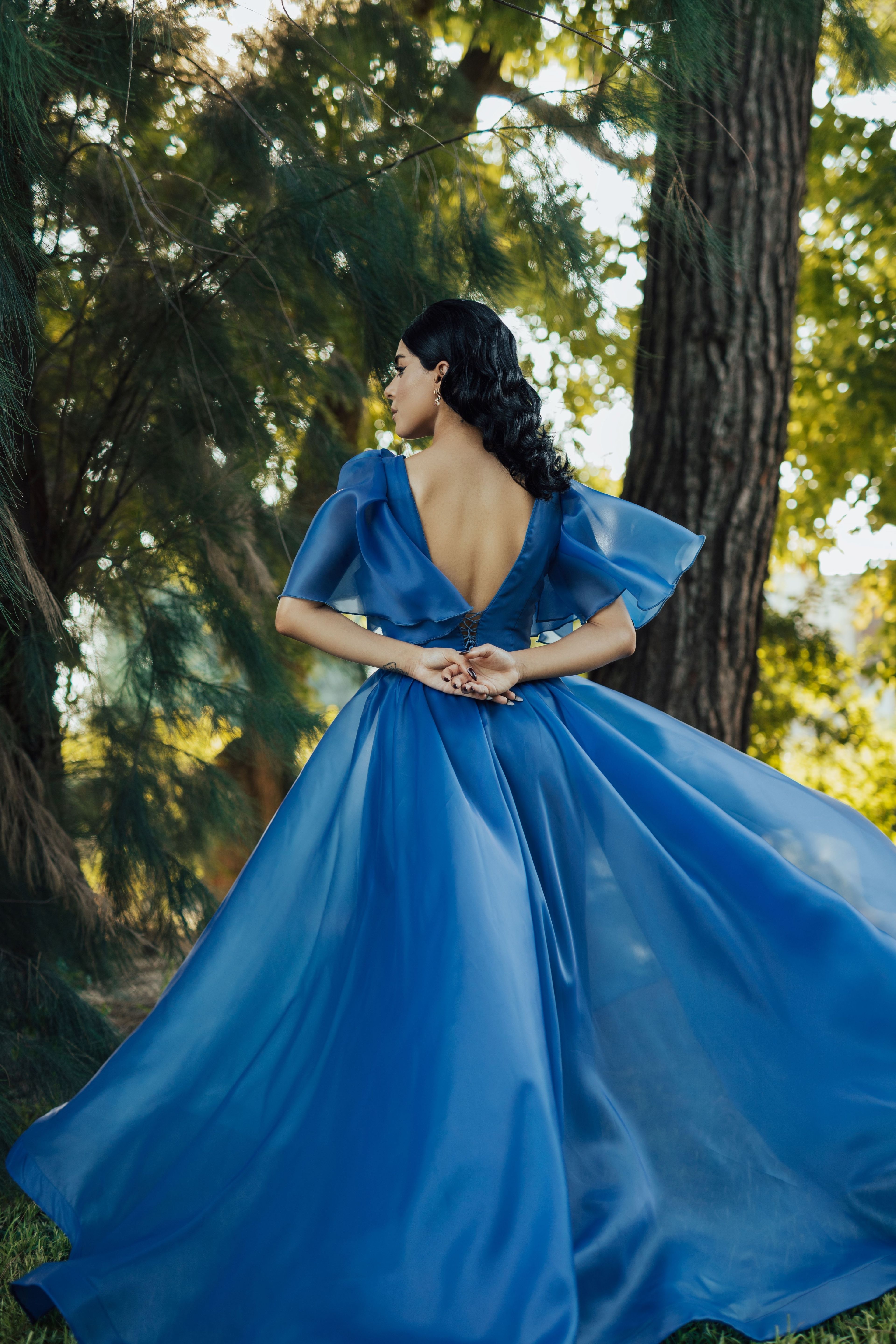 V Neck Chest Draped Ruffle Sleeve Translucent Satin Evening Dress | Helios