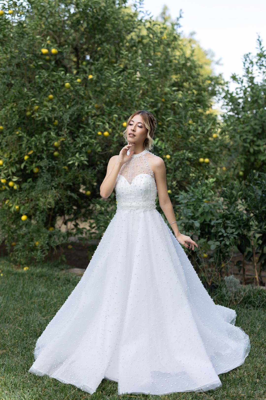 Artemis İncili Simli Dantel Reglan Boyun Helen Gelinlik