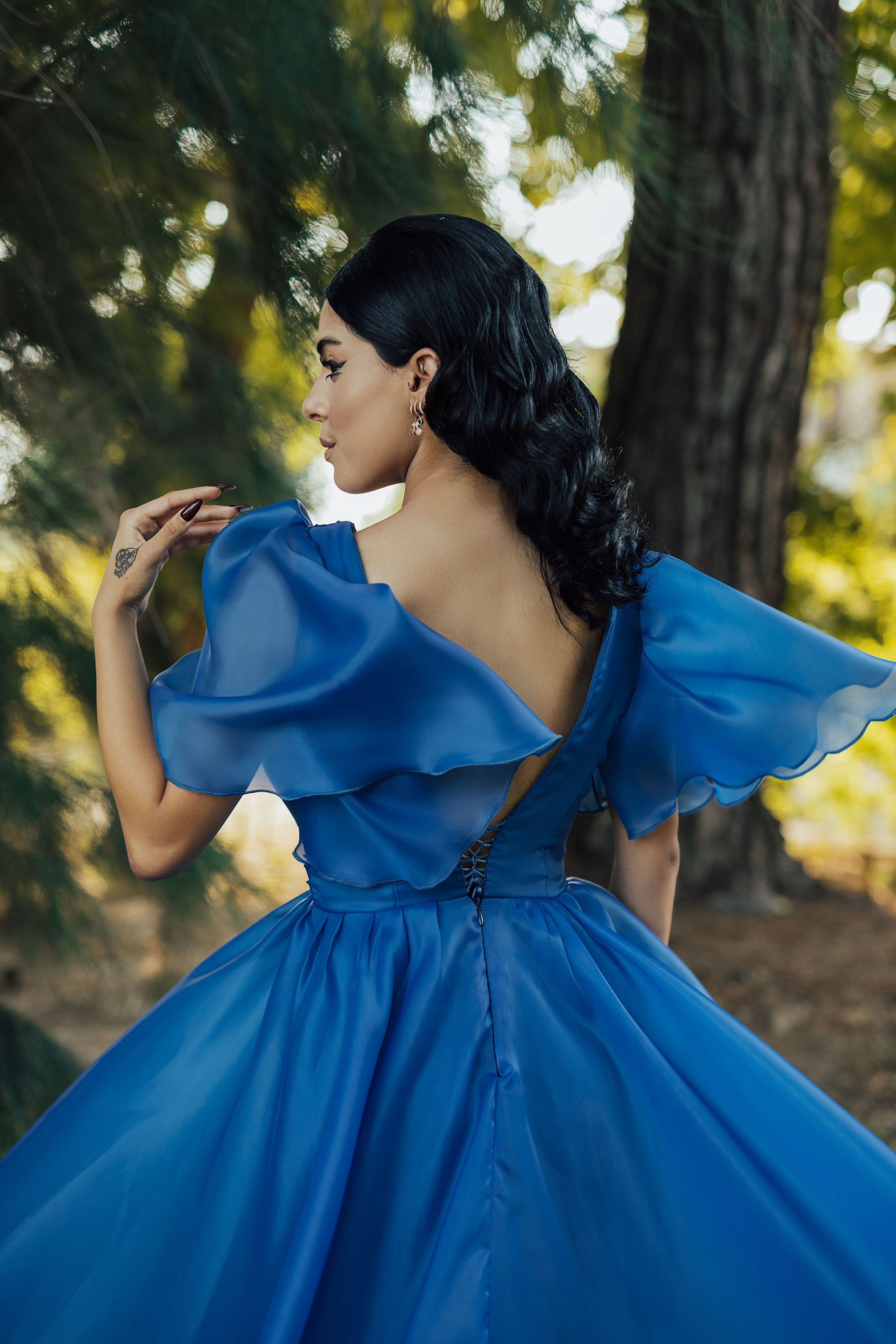 V Neck Chest Draped Ruffle Sleeve Translucent Satin Evening Dress | Helios