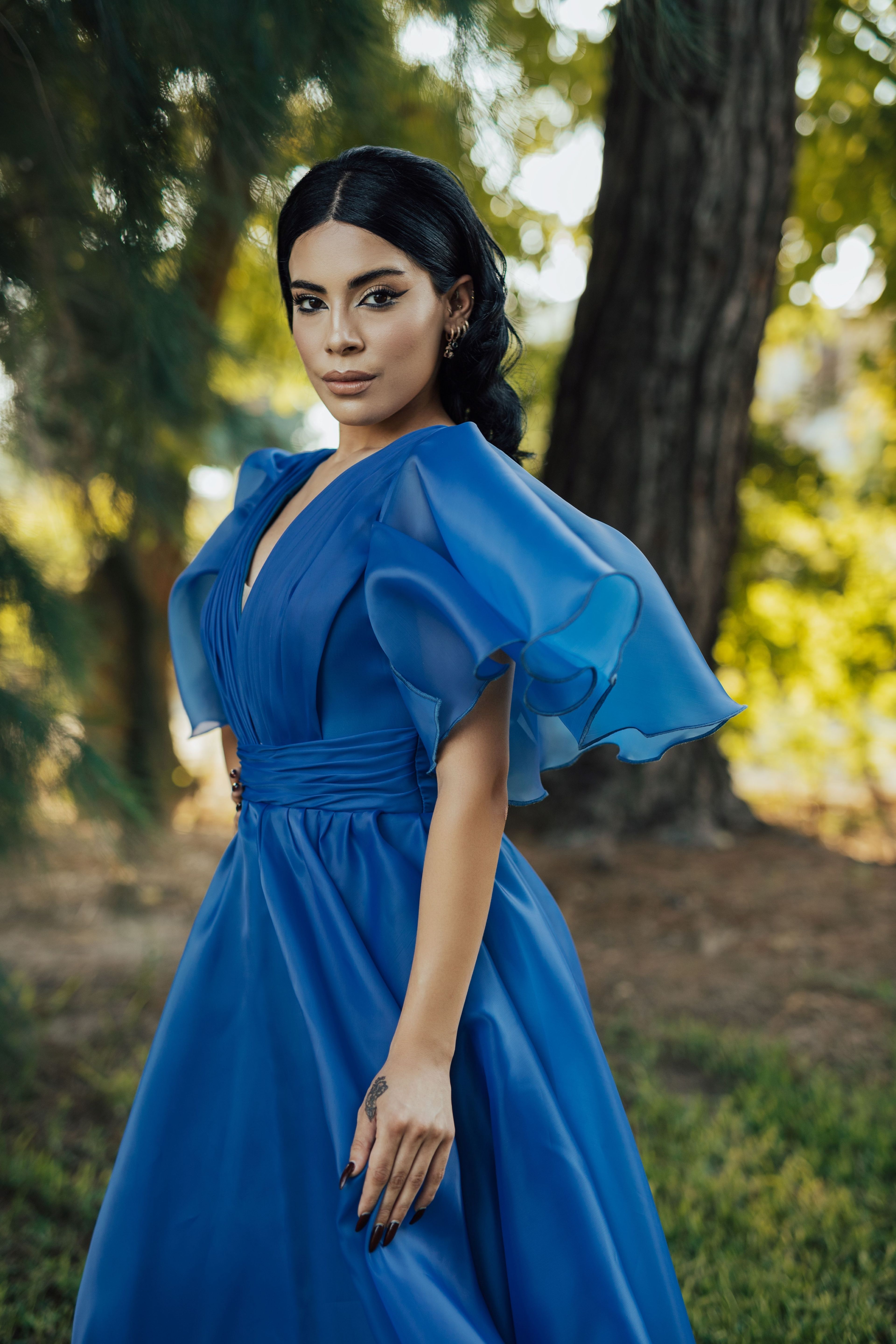 V Neck Chest Draped Ruffle Sleeve Translucent Satin Evening Dress | Helios