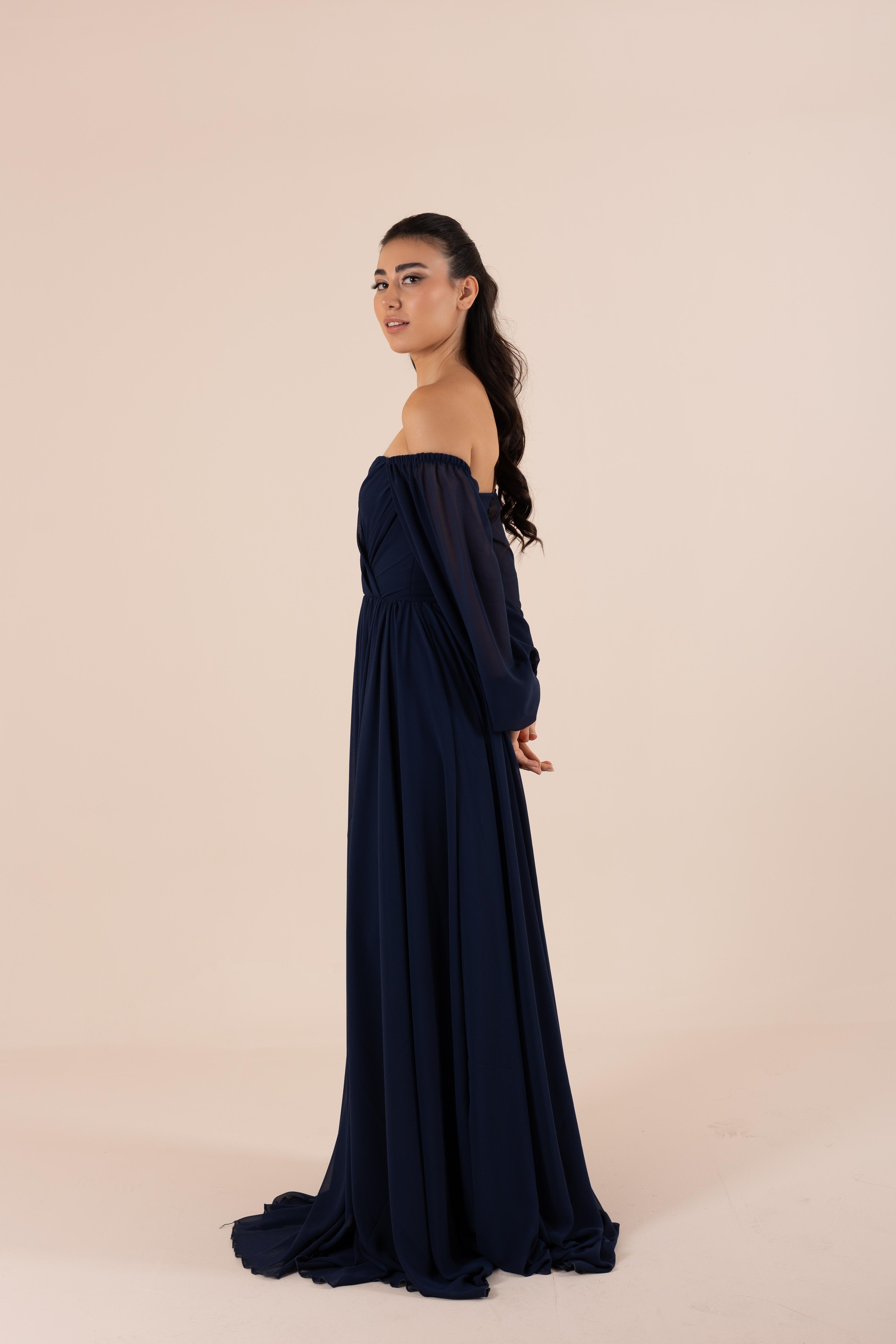 Sweetheart Neckline Draped with Balloon Sleeve Flared Skirt Evening Dress | Lona