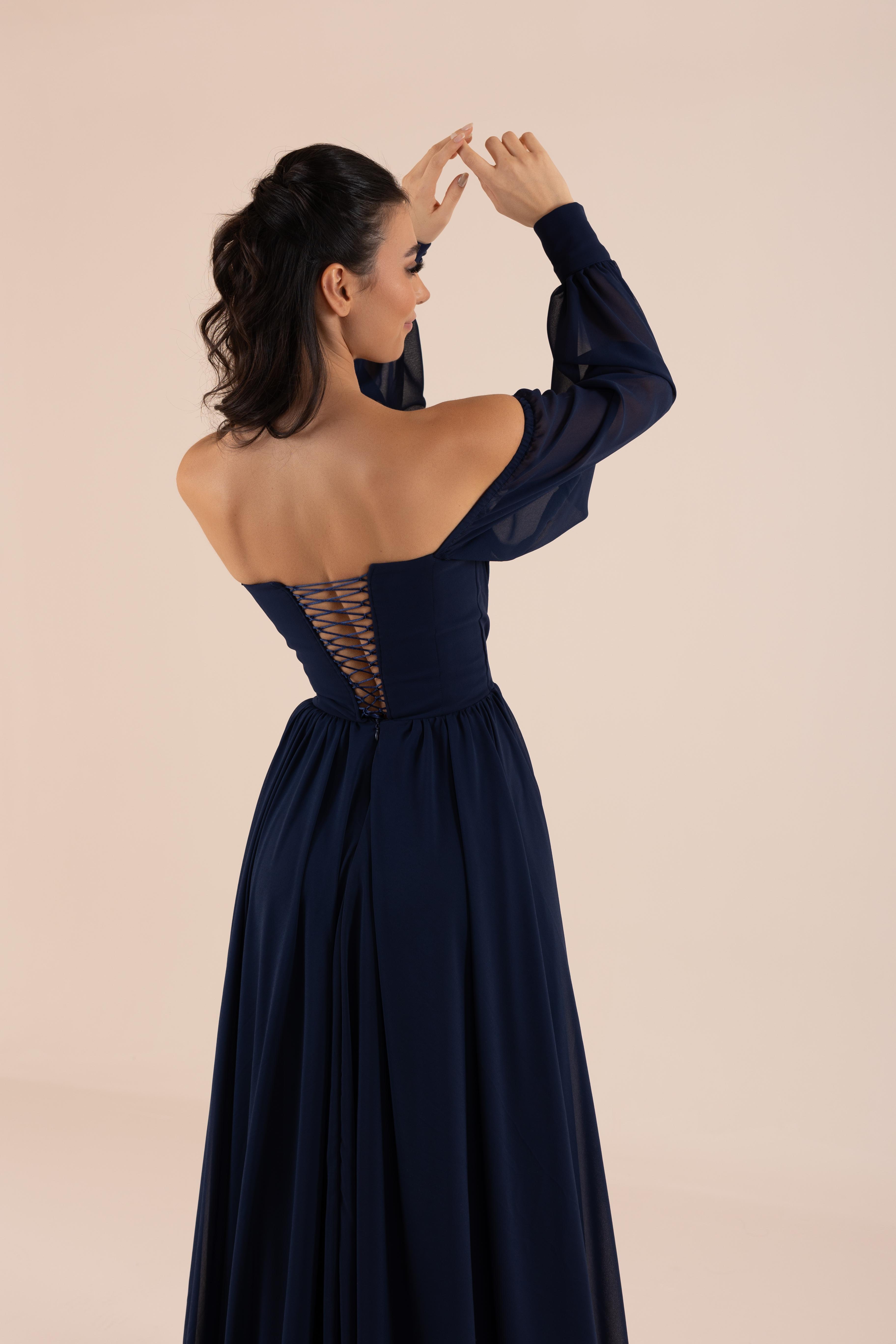 Sweetheart Neckline Draped with Balloon Sleeve Flared Skirt Evening Dress | Lona