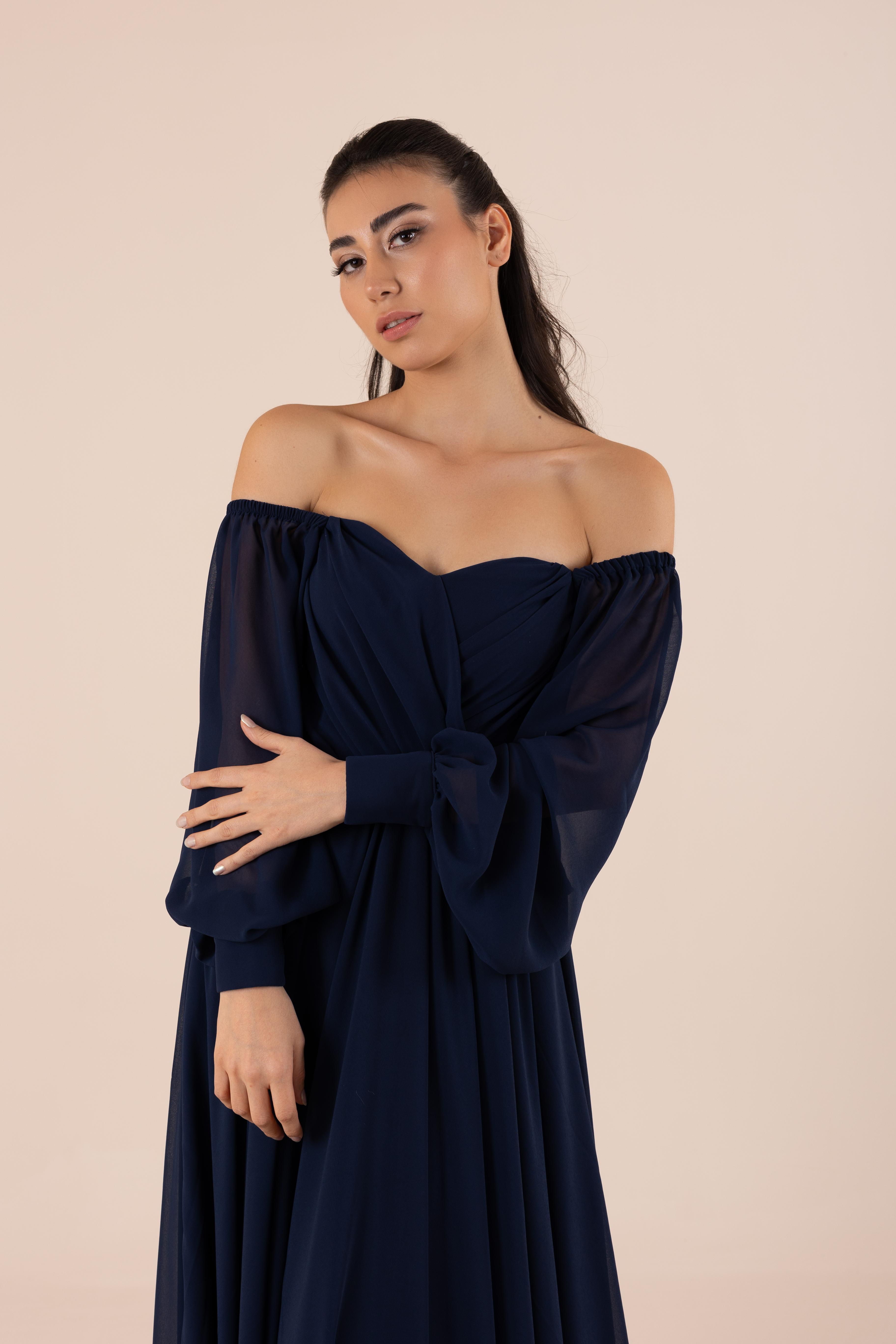 Sweetheart Neckline Draped with Balloon Sleeve Flared Skirt Evening Dress | Lona