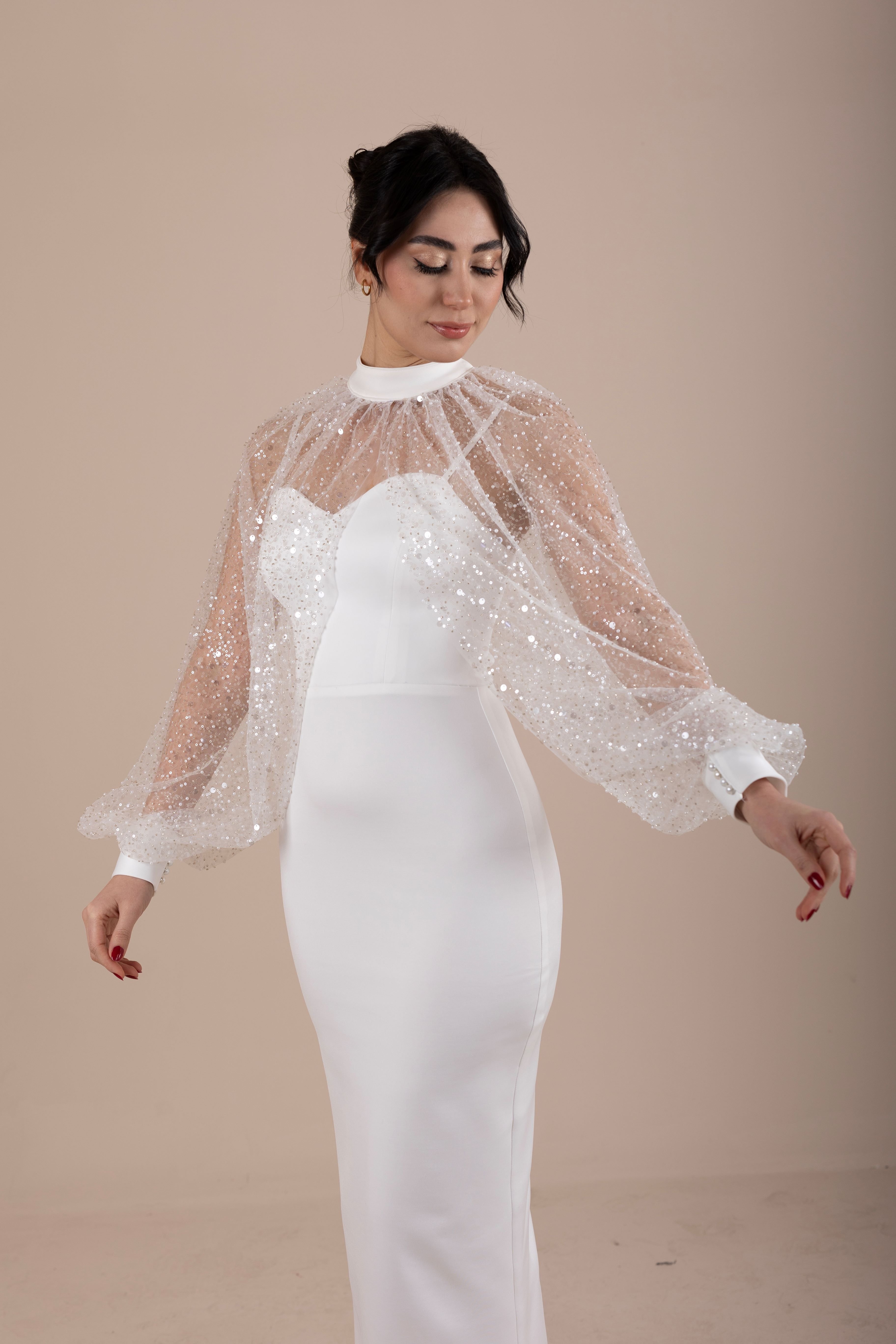  Pullu Payetli Dantel Pelerinli Kalem Söz, Nişan, Nikah Elbisesi