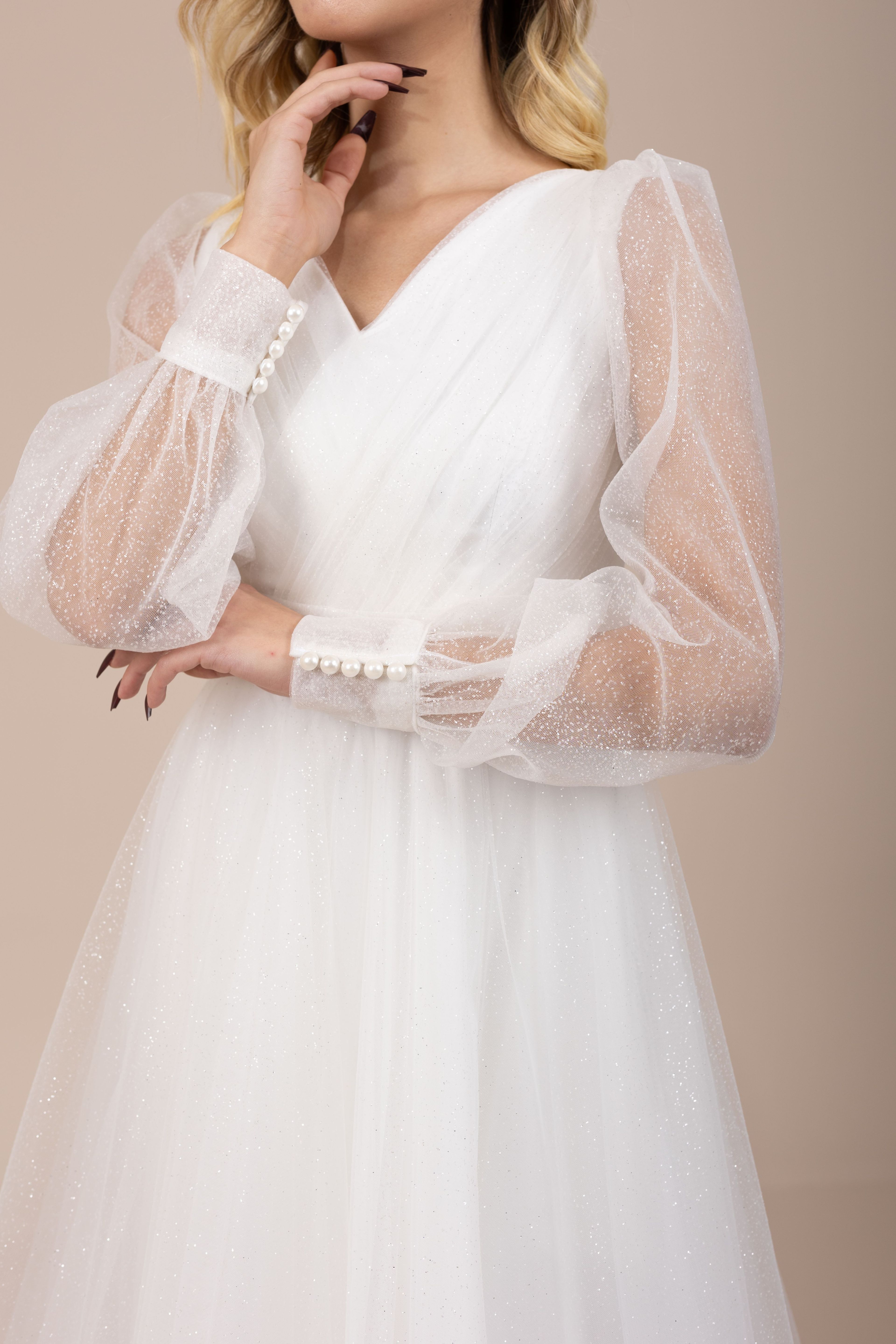 V Yaka Göğüs Drapeli Balon Kol Simli Tül Midi Nikah Elbisesi | Aurora
