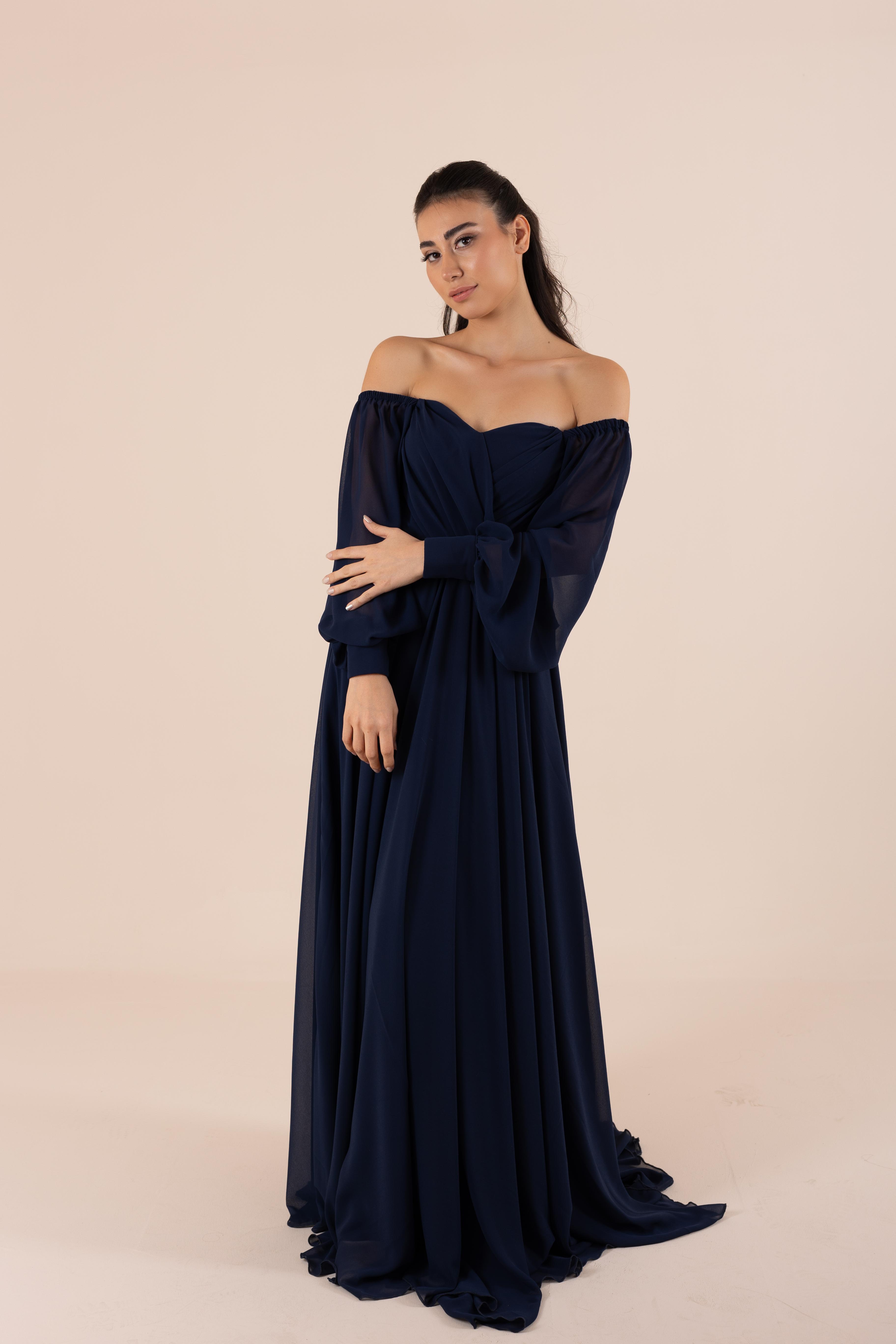 Sweetheart Neckline Draped with Balloon Sleeve Flared Skirt Evening Dress | Lona
