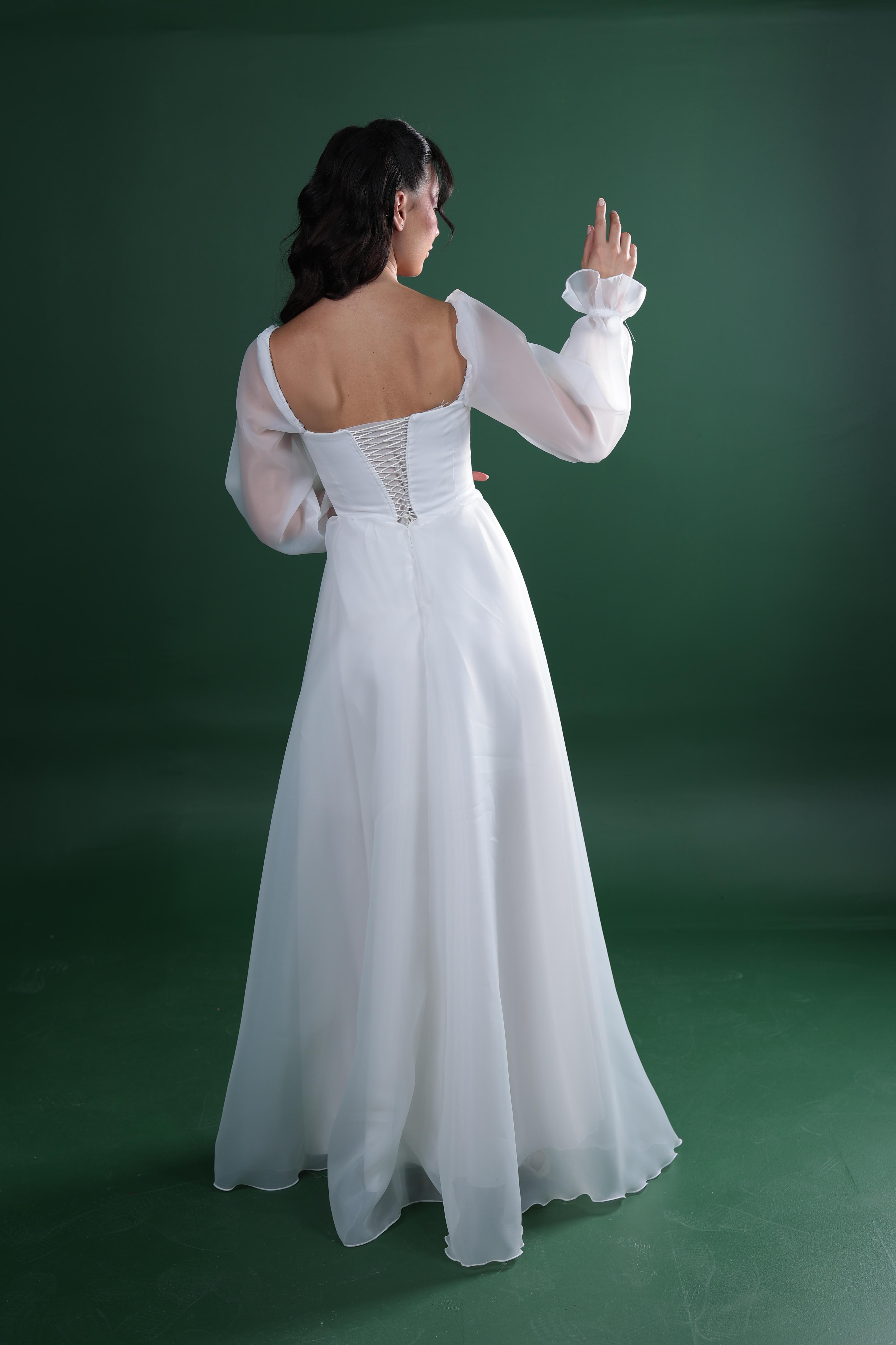 Kare Yaka Kloş Balon Kol Nikah Elbisesi - Eros