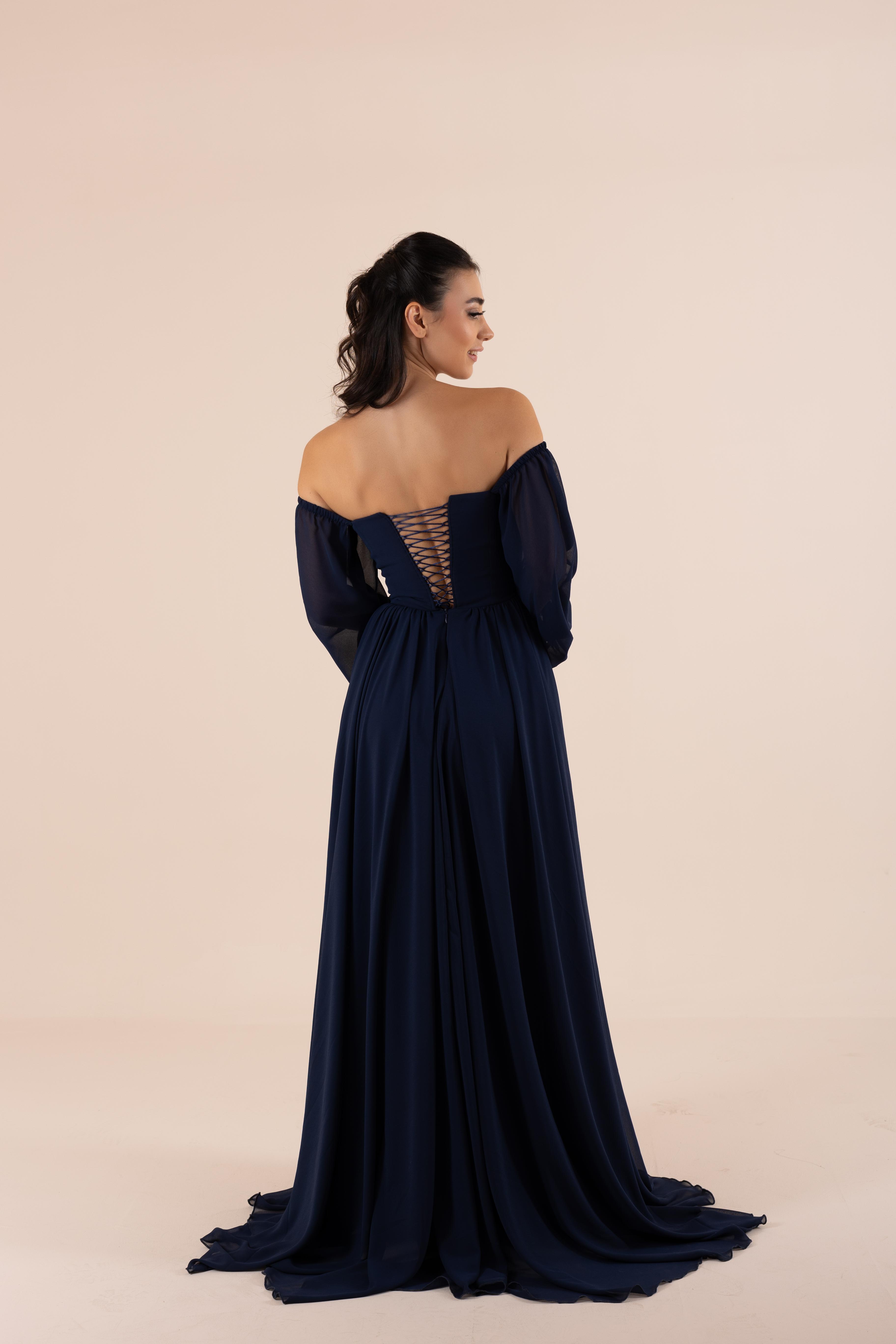 Sweetheart Neckline Draped with Balloon Sleeve Flared Skirt Evening Dress | Lona