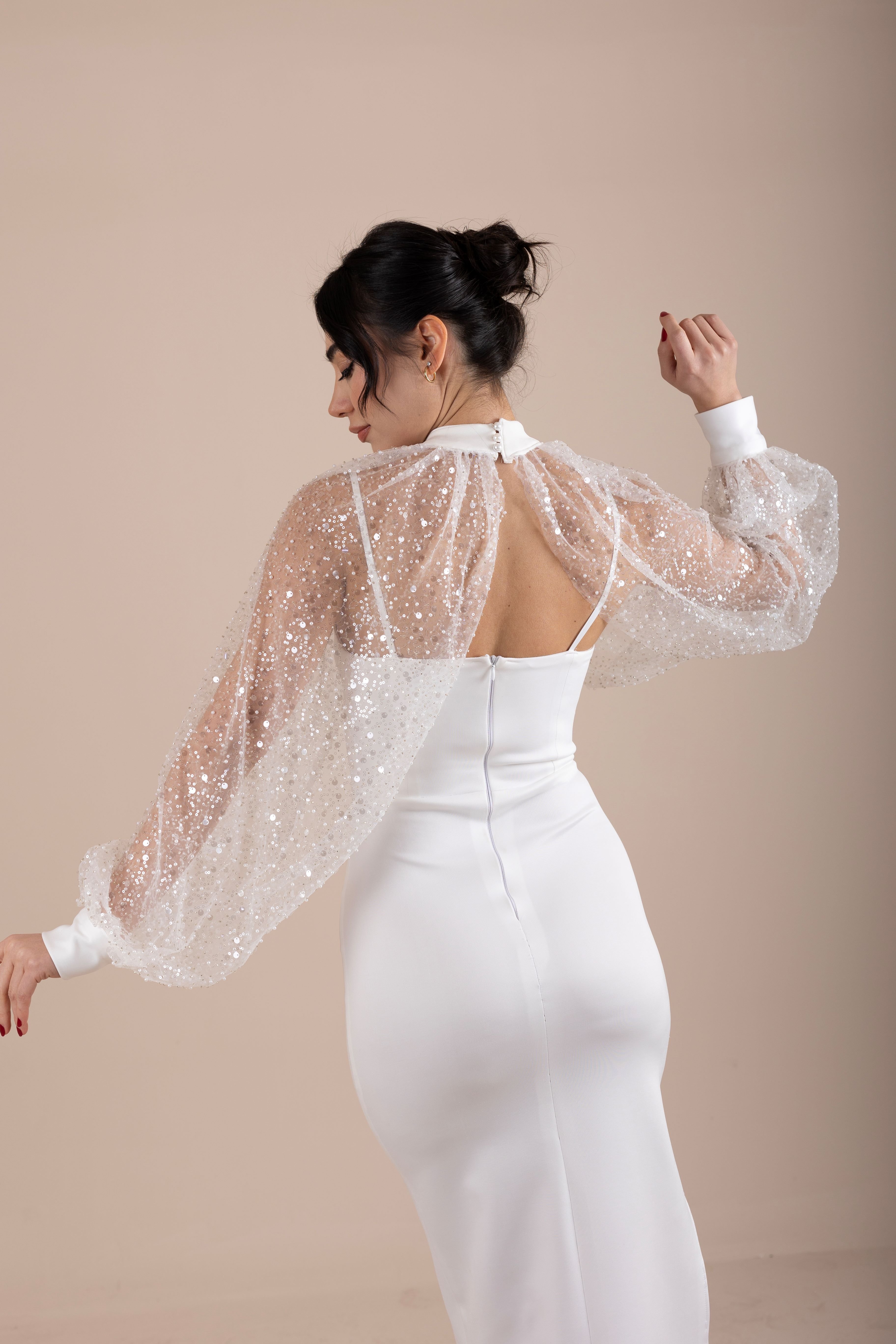  Pullu Payetli Dantel Pelerinli Kalem Söz, Nişan, Nikah Elbisesi
