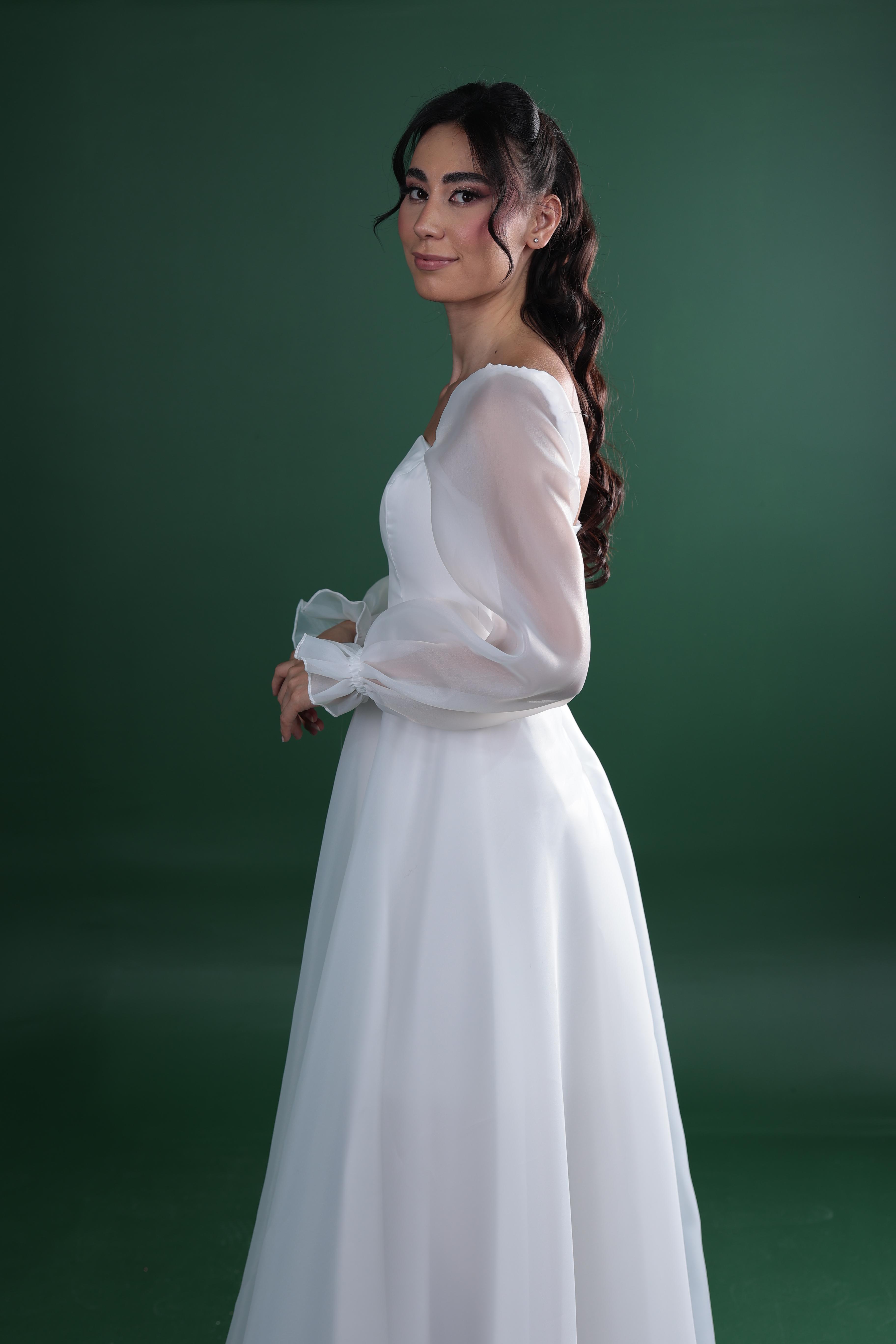 Kare Yaka Kloş Balon Kol Nikah Elbisesi - Eros