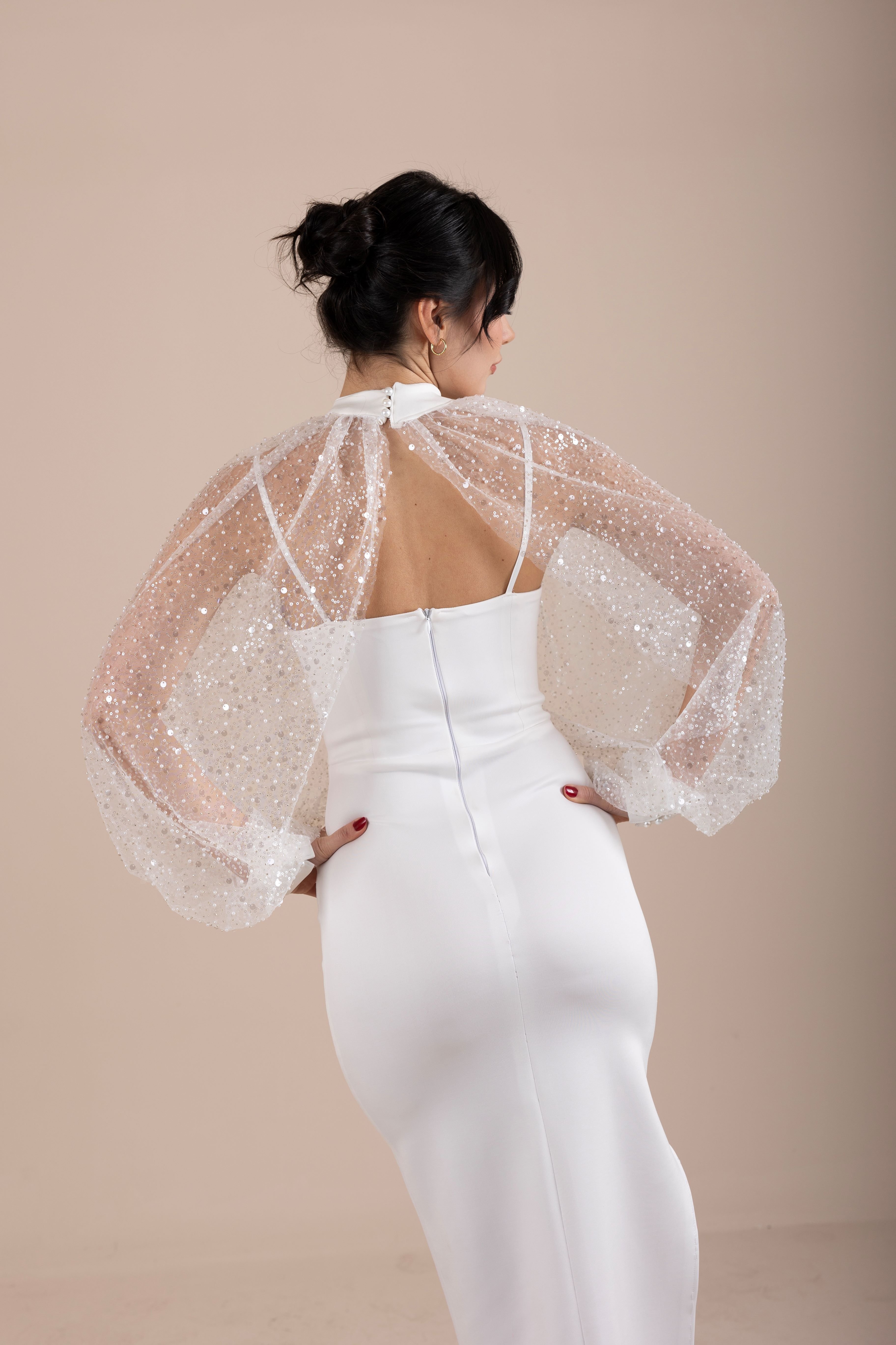  Pullu Payetli Dantel Pelerinli Kalem Söz, Nişan, Nikah Elbisesi
