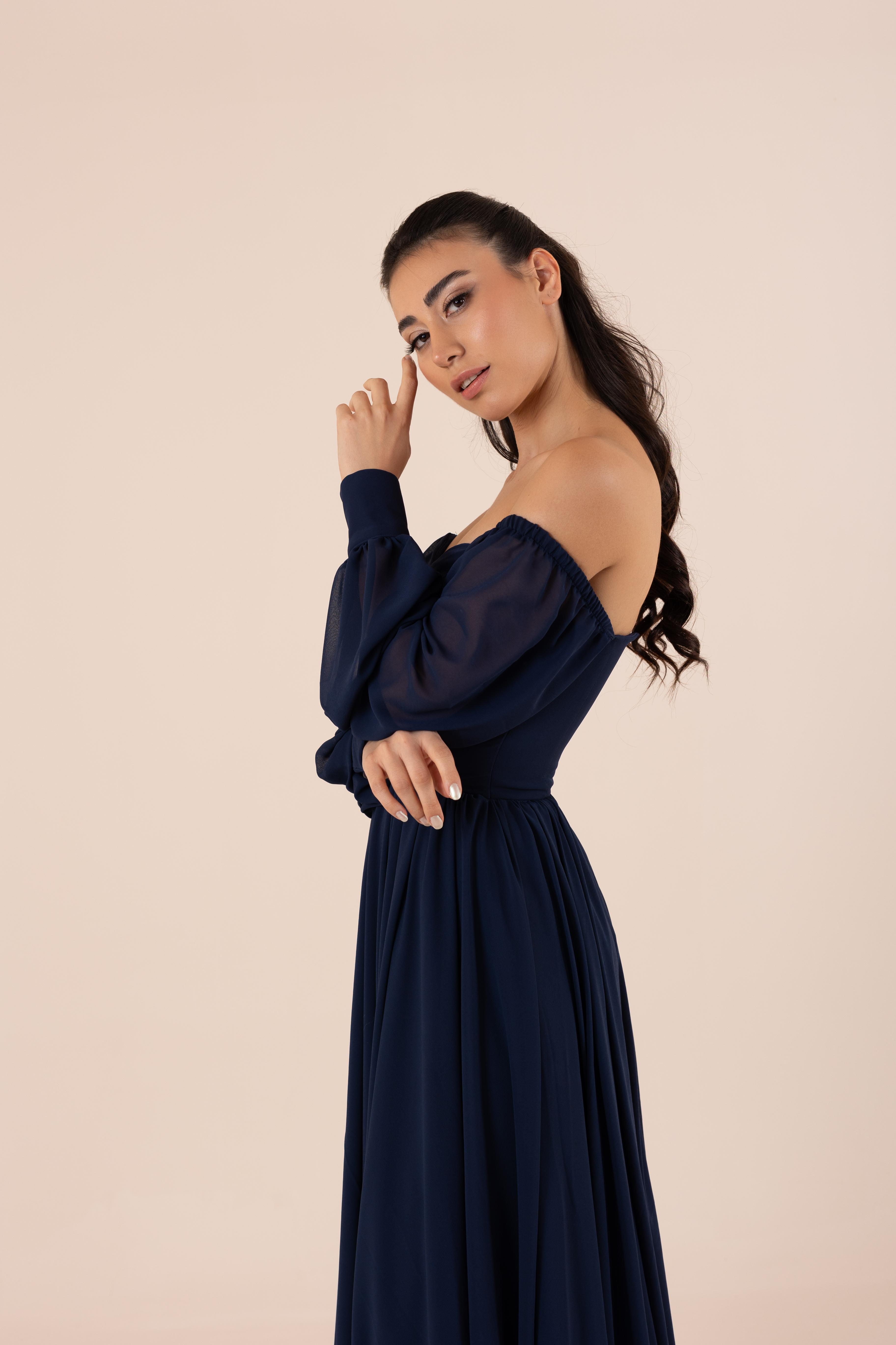 Sweetheart Neckline Draped with Balloon Sleeve Flared Skirt Evening Dress | Lona