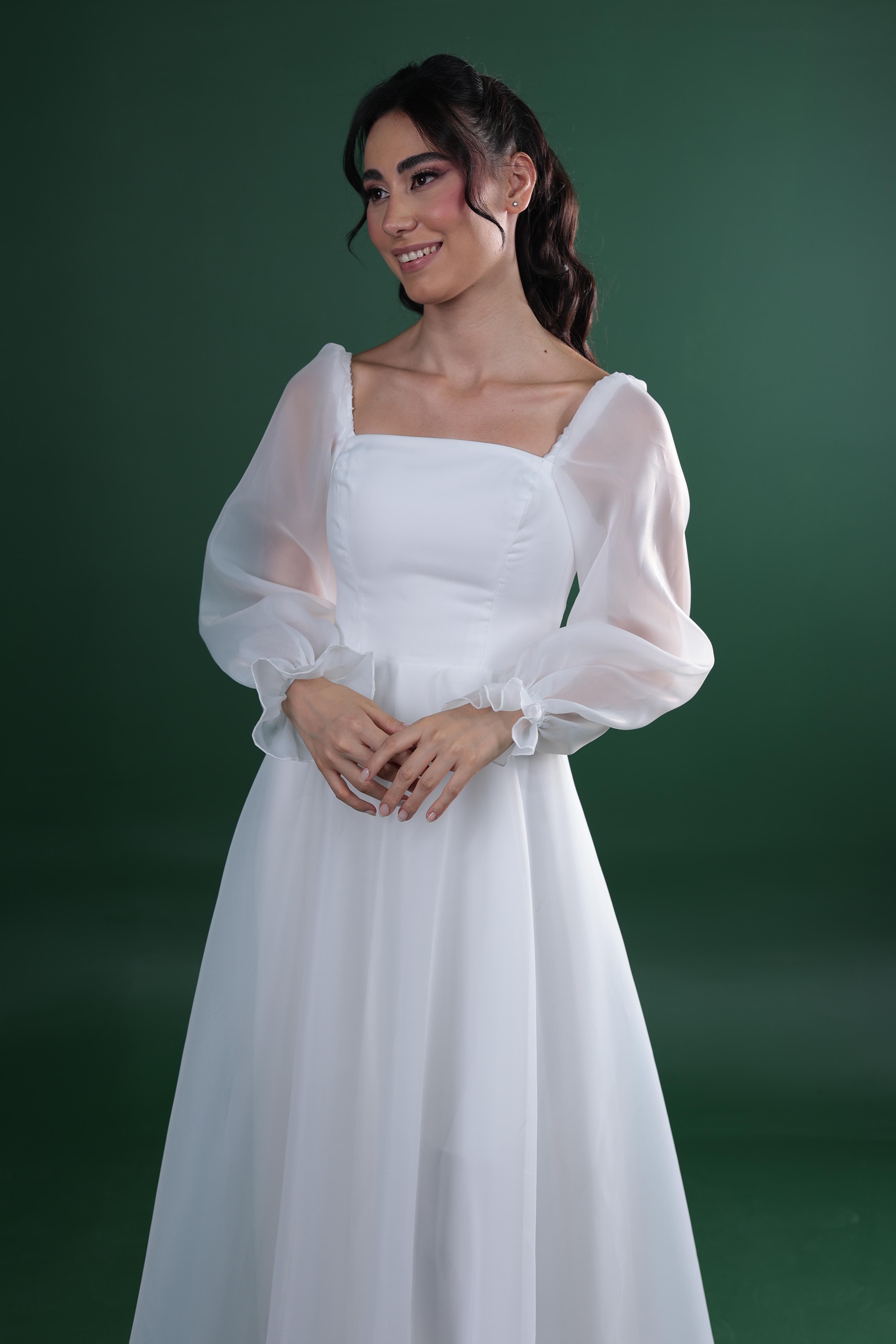 Kare Yaka Kloş Balon Kol Nikah Elbisesi - Eros