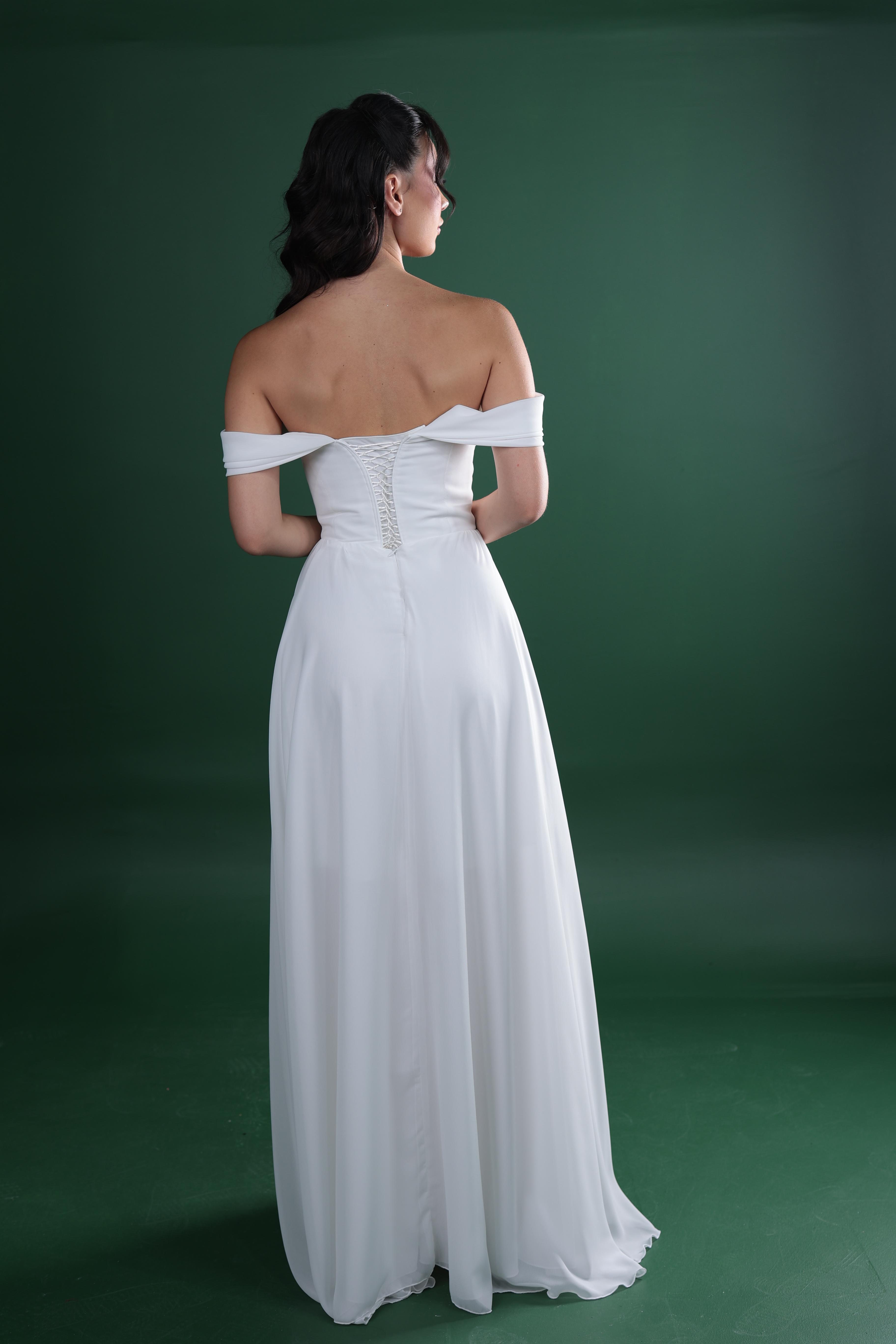 Düşük Kol Drapeli Kloş Nikah ve Dış Çekim Elbisesi - Manolya