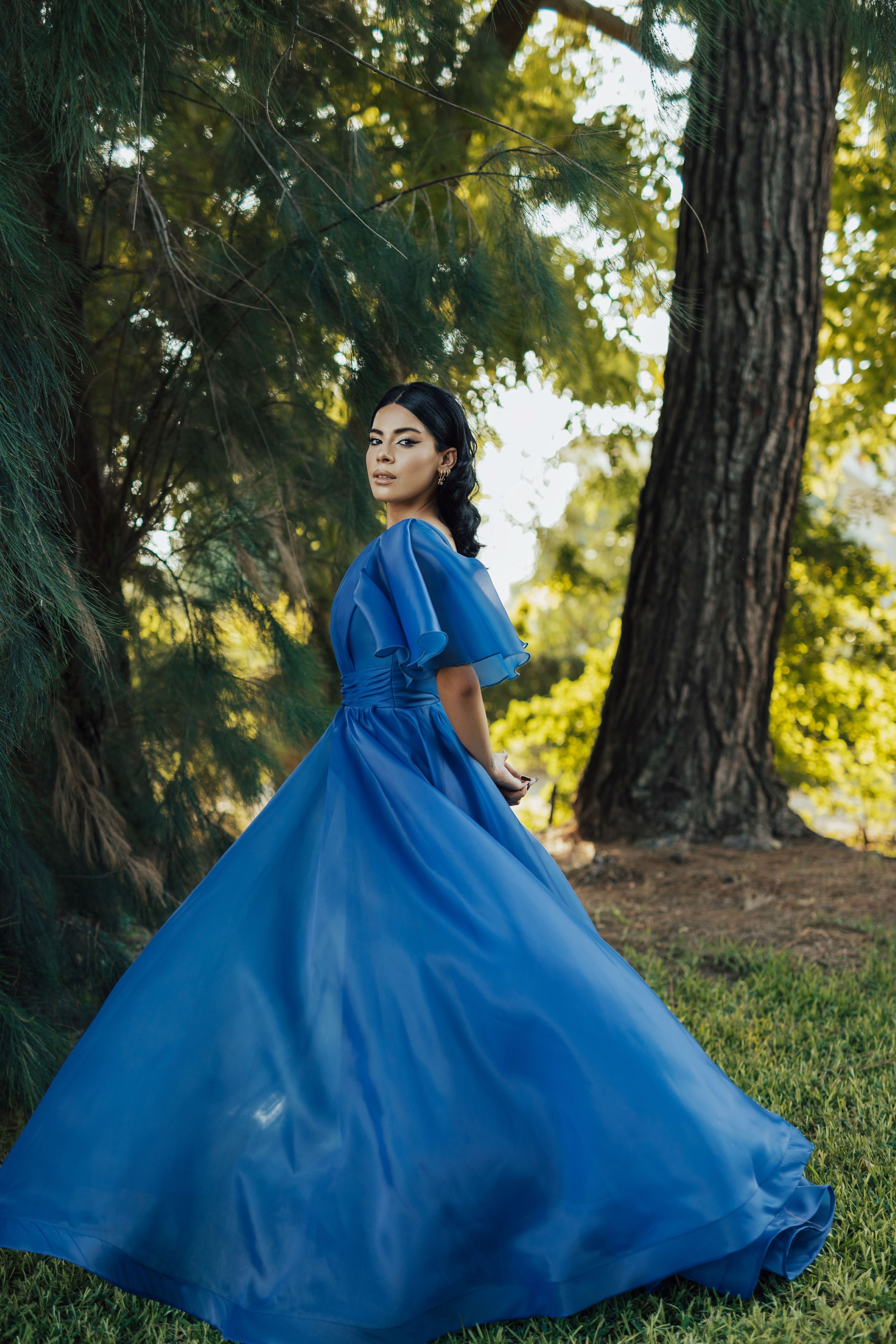 V Neck Chest Draped Ruffle Sleeve Translucent Satin Evening Dress | Helios