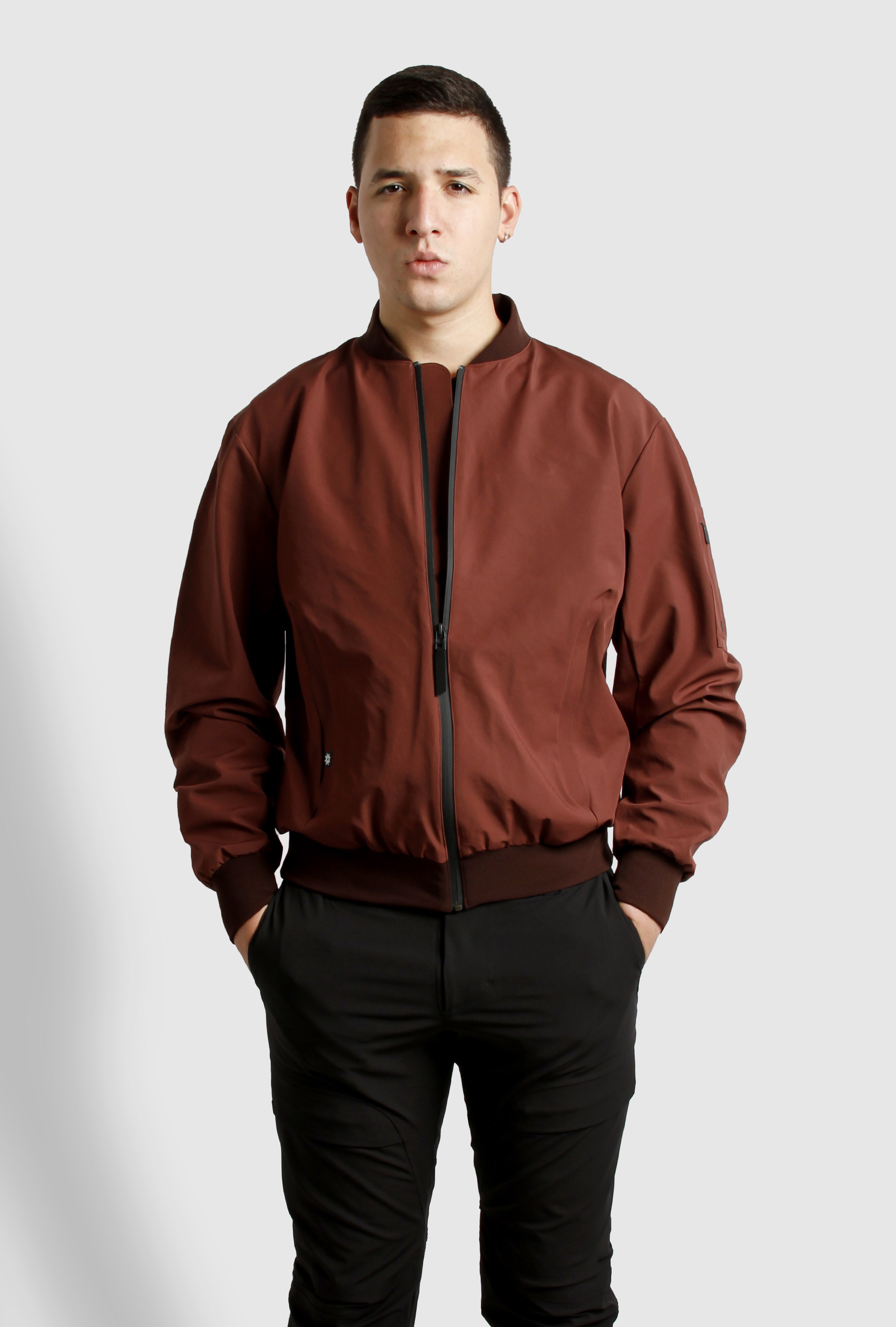 TEXTURED INSULATED BOMBER JACKET - Chocolate Brown