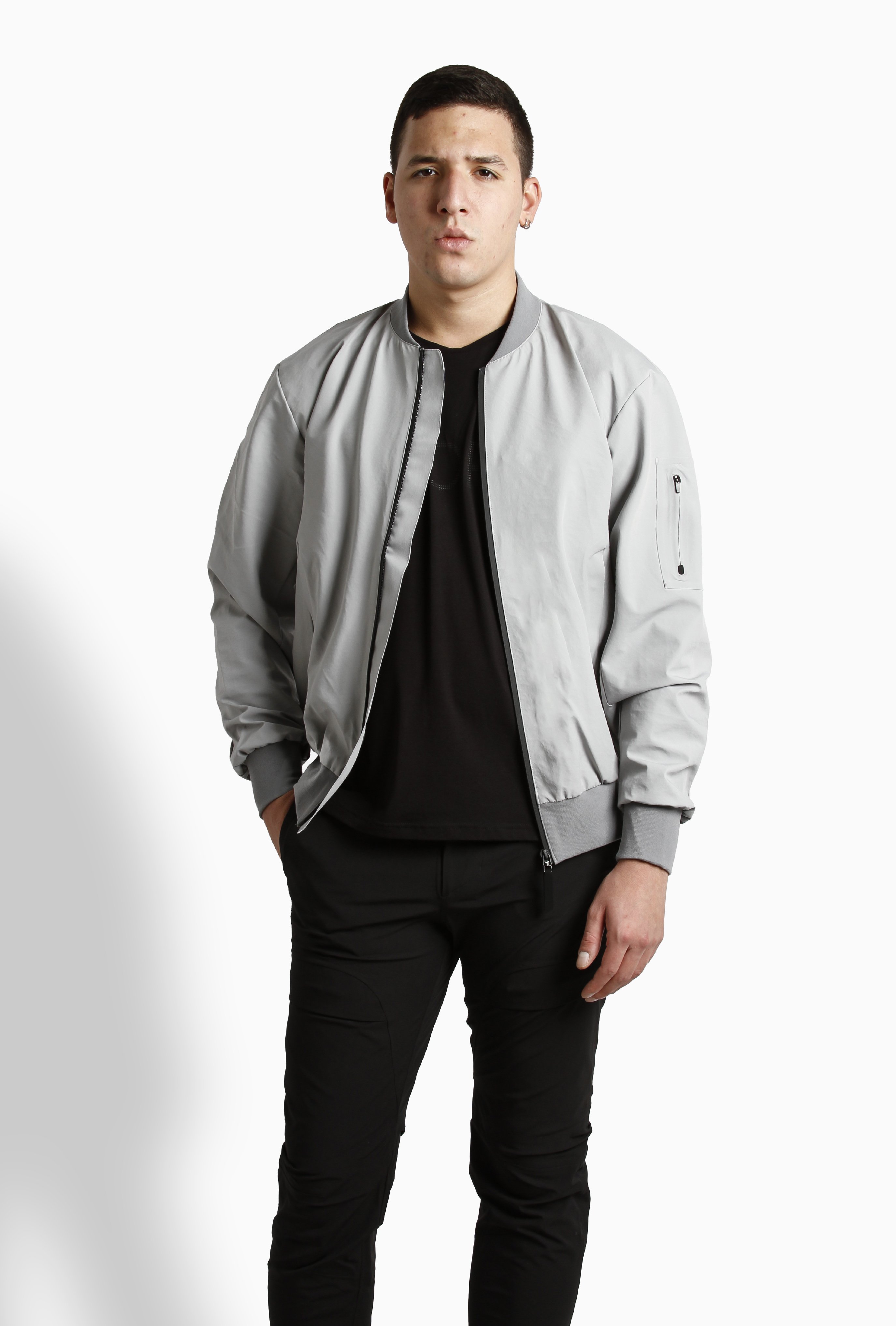 TEXTURED INSULATED BOMBER JACKET - Grey