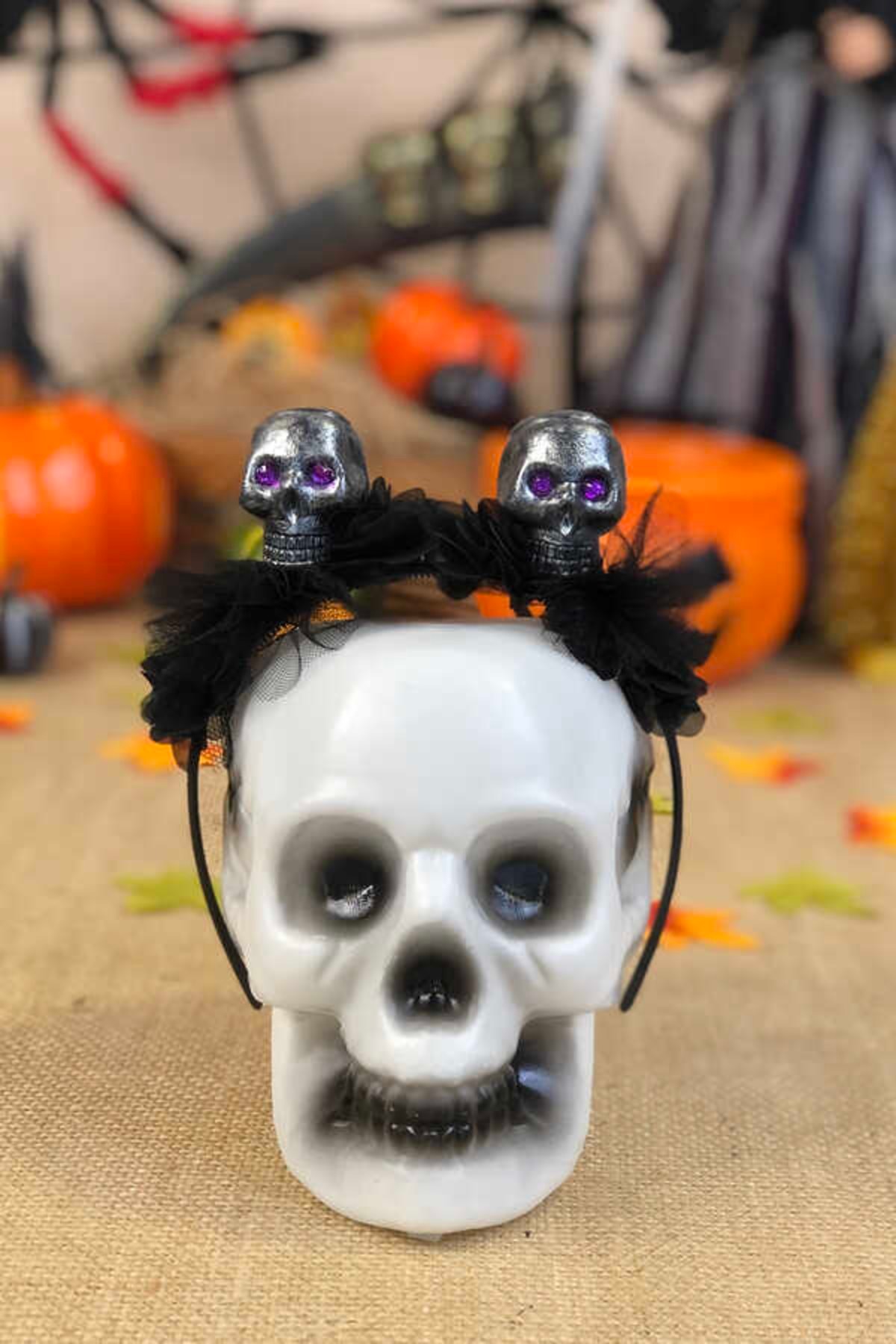 Taç Kurukafa Gümüş Halloween Mor Çiçekli