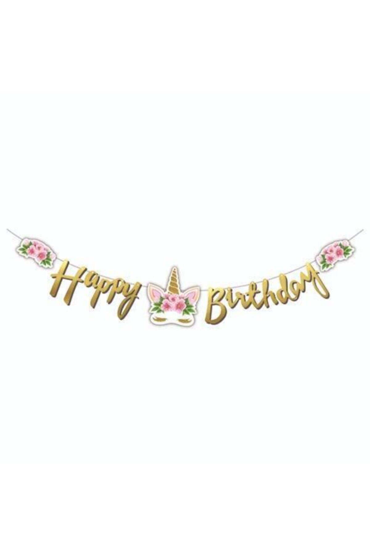 Unıcorn Kaligrafi Banner Happy Birthday Çiçekli