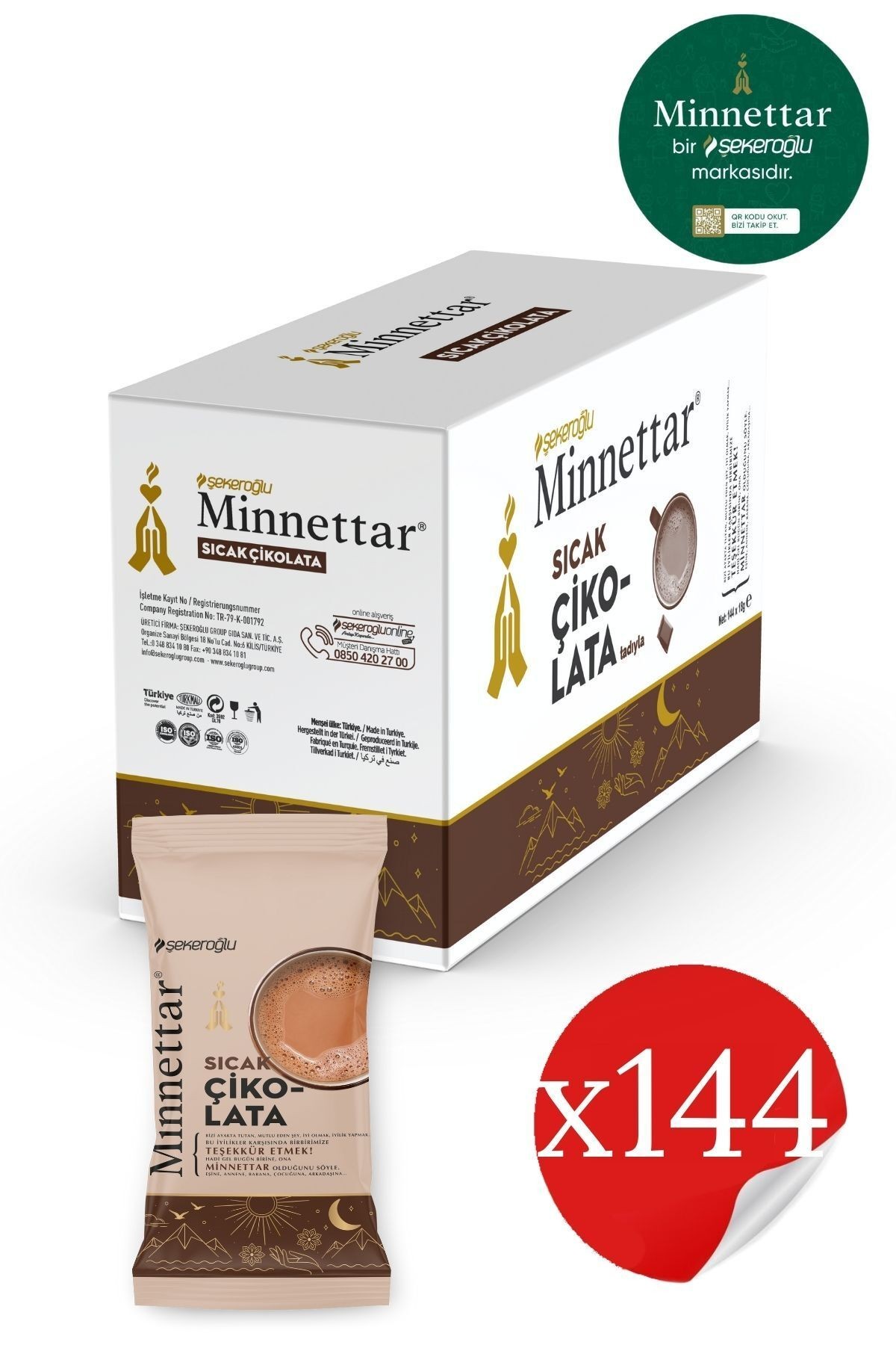 Minnettar Tek içimlik Sıcak Çikolata 12 X 18 gr (144 Paket)