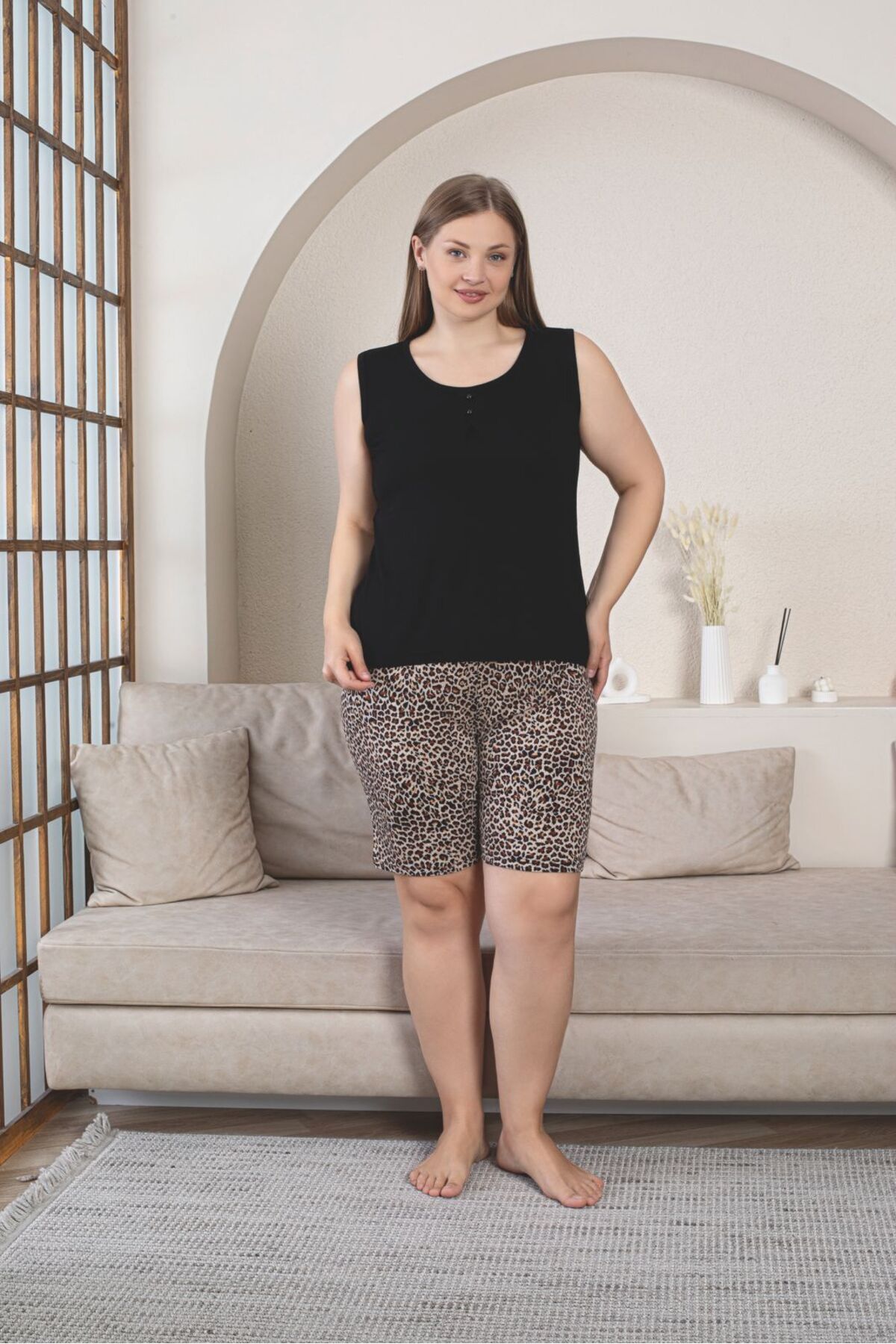 Büyük Beden Geniş Askılı Kol ŞortluLikralı Penye Kumaş Pijama Takım