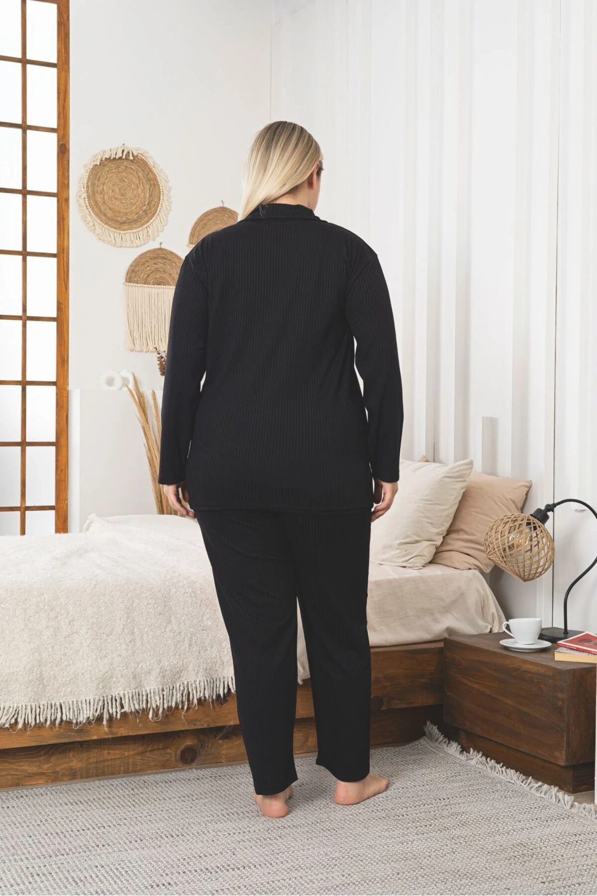 Büyük Beden Boydan Düğmeli Kaşkorse Kumaş Pijama Takımı