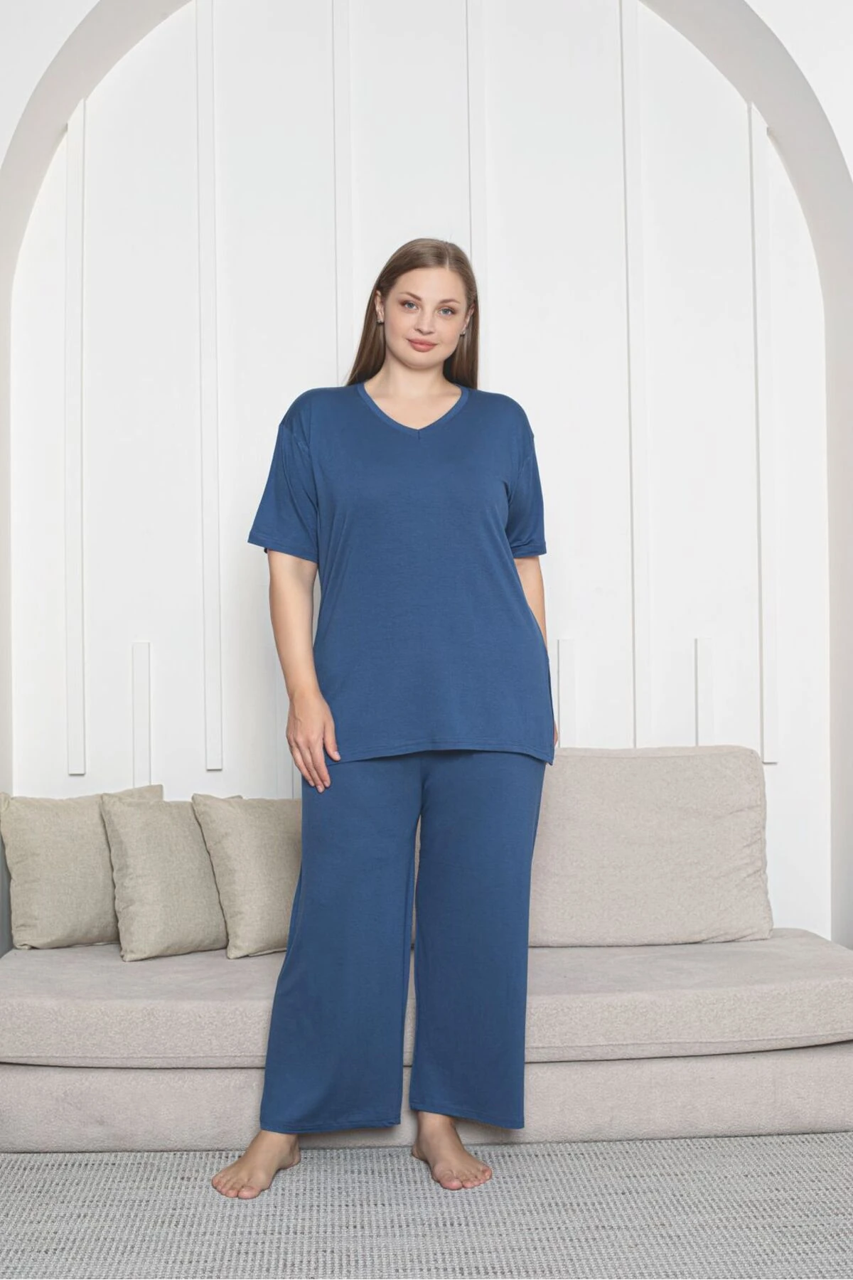 Büyük Beden Likralı Penye Kumaş Yandan Yırtmaçlı 2'li Şık Tunik Alt-üst Takım