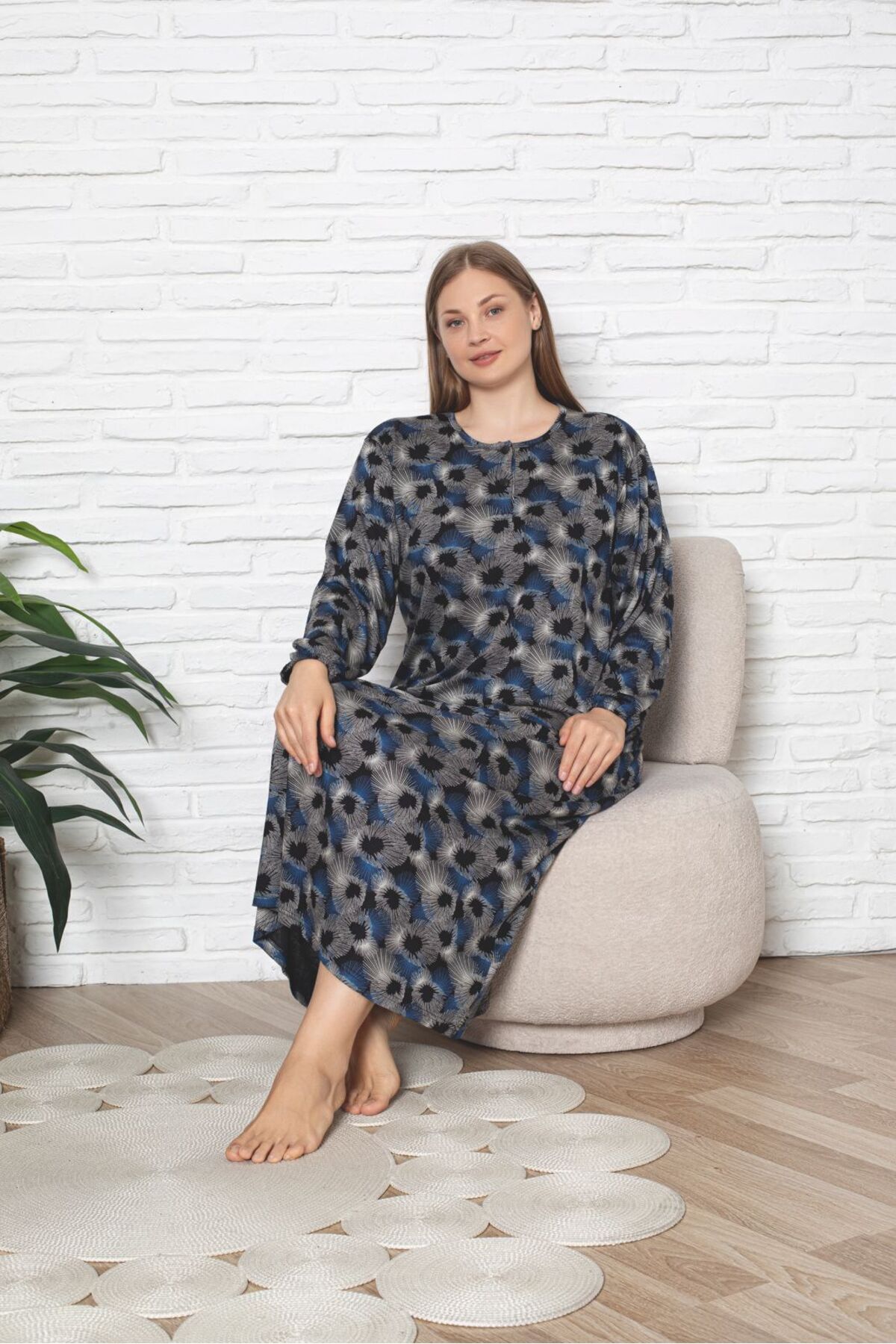 Kadın Desenli Büyük Beden Likralı Penye Tesettür Elbise