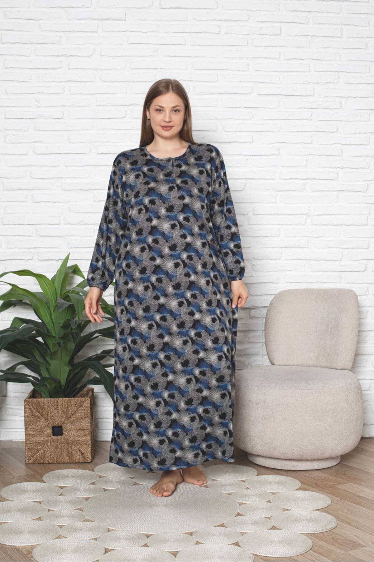 Kadın Desenli Büyük Beden Likralı Penye Tesettür Elbise