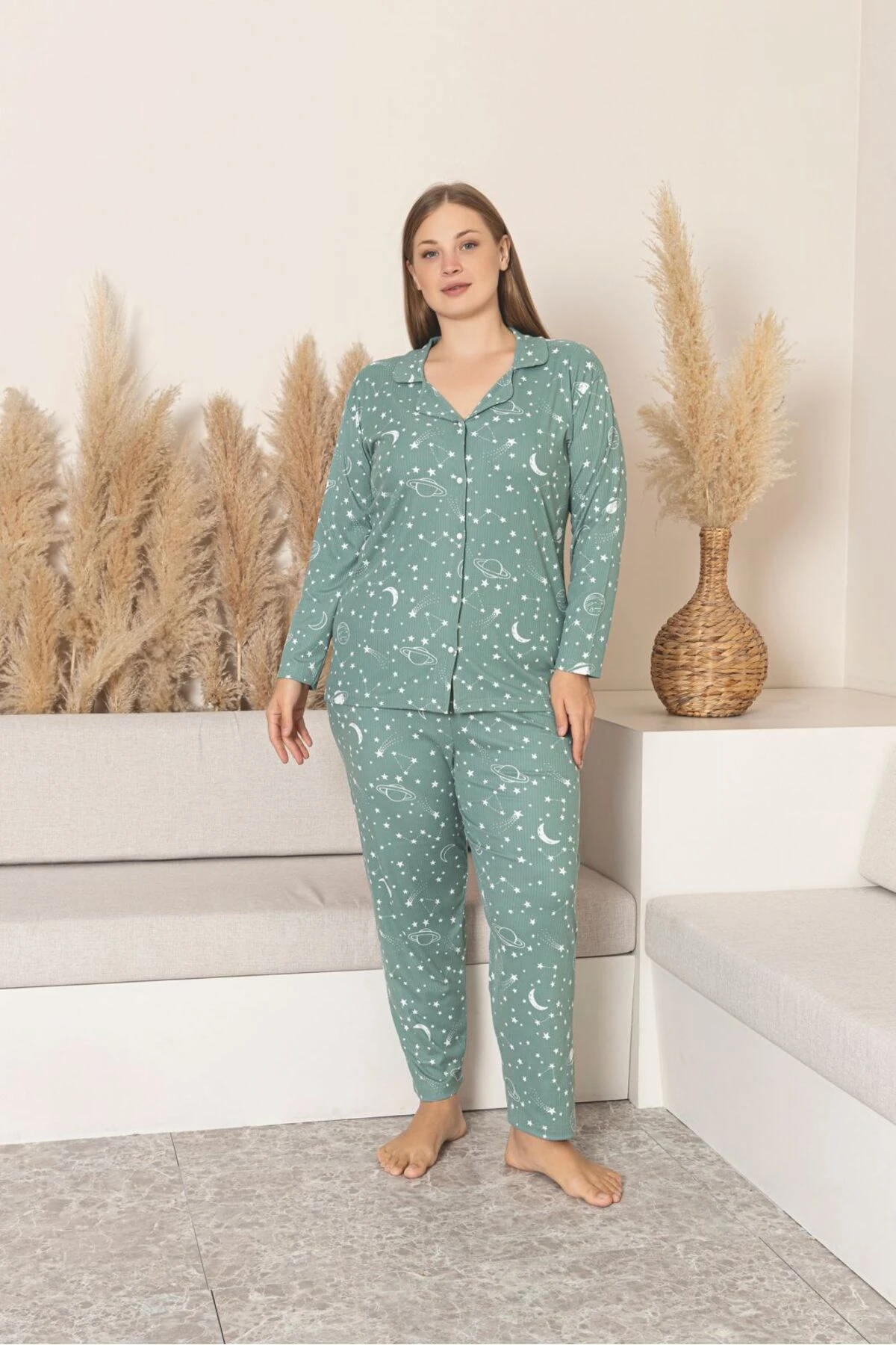 Büyük Beden Bordo Kalp Desen Ultrasoft Uzun Kollu Pijama Takımı