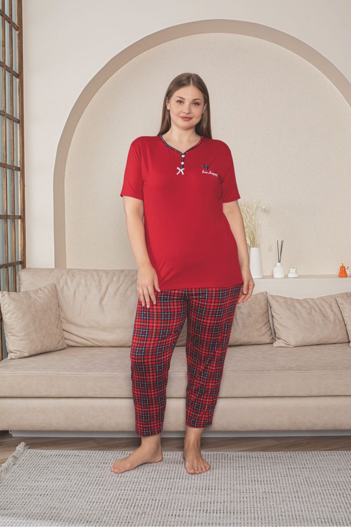 Büyük Beden Kırmızı Kısa Kollu Bambu Pijama Takımı