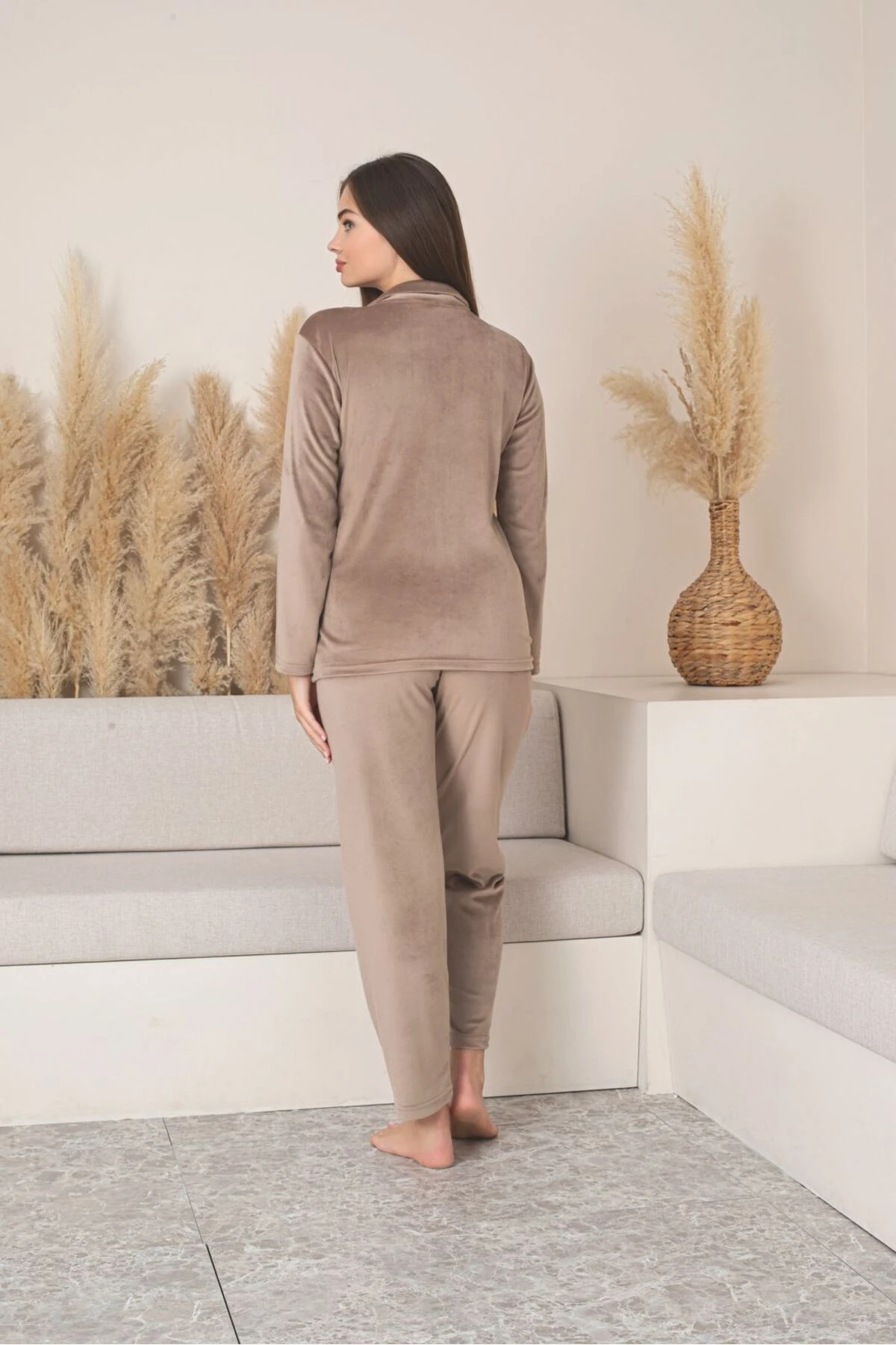 Boydan Düğmeli Kadın Kadife Pijama Takımı