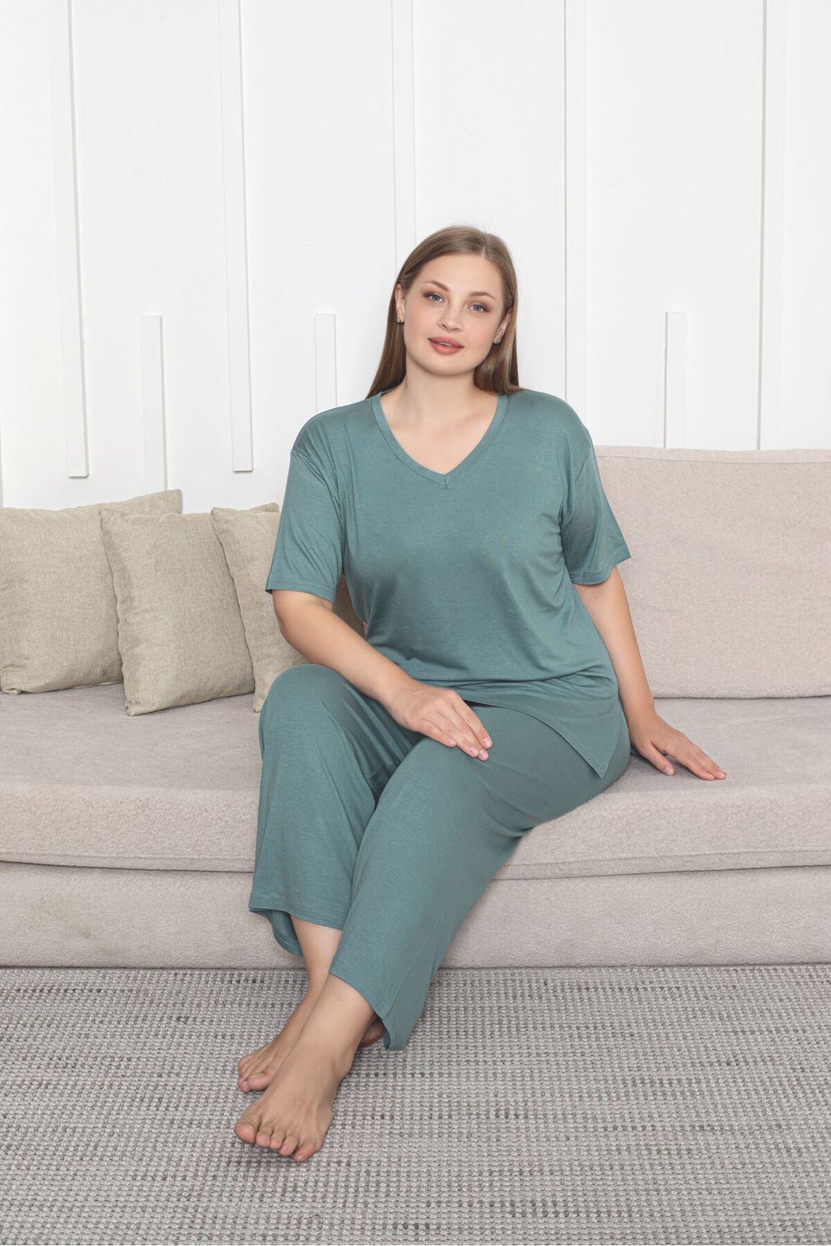 Büyük Beden Likralı Penye Kumaş Yandan Yırtmaçlı 2'li Şık Tunik Alt-üst Takım