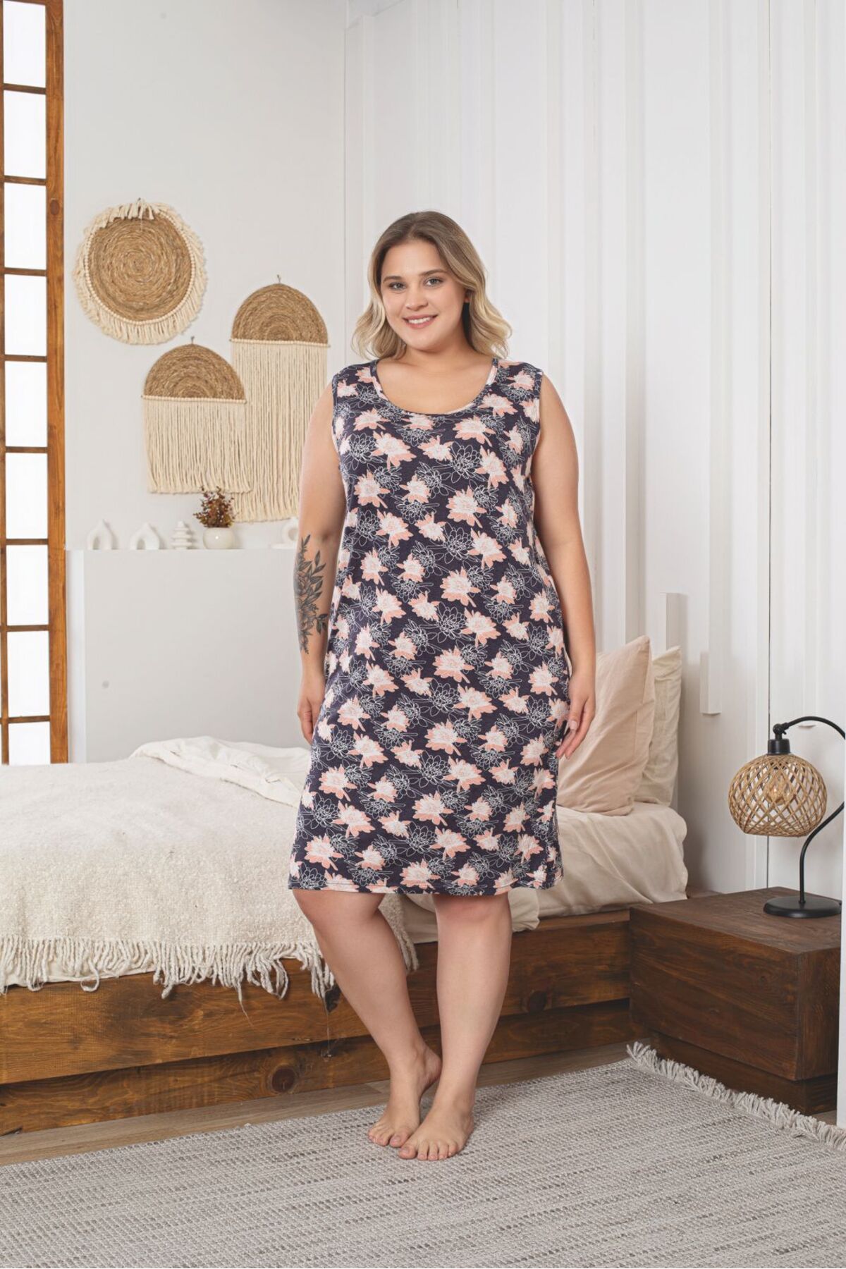 Kadın Çiçek Desenli Büyük Beden Likralı Penye Elbise