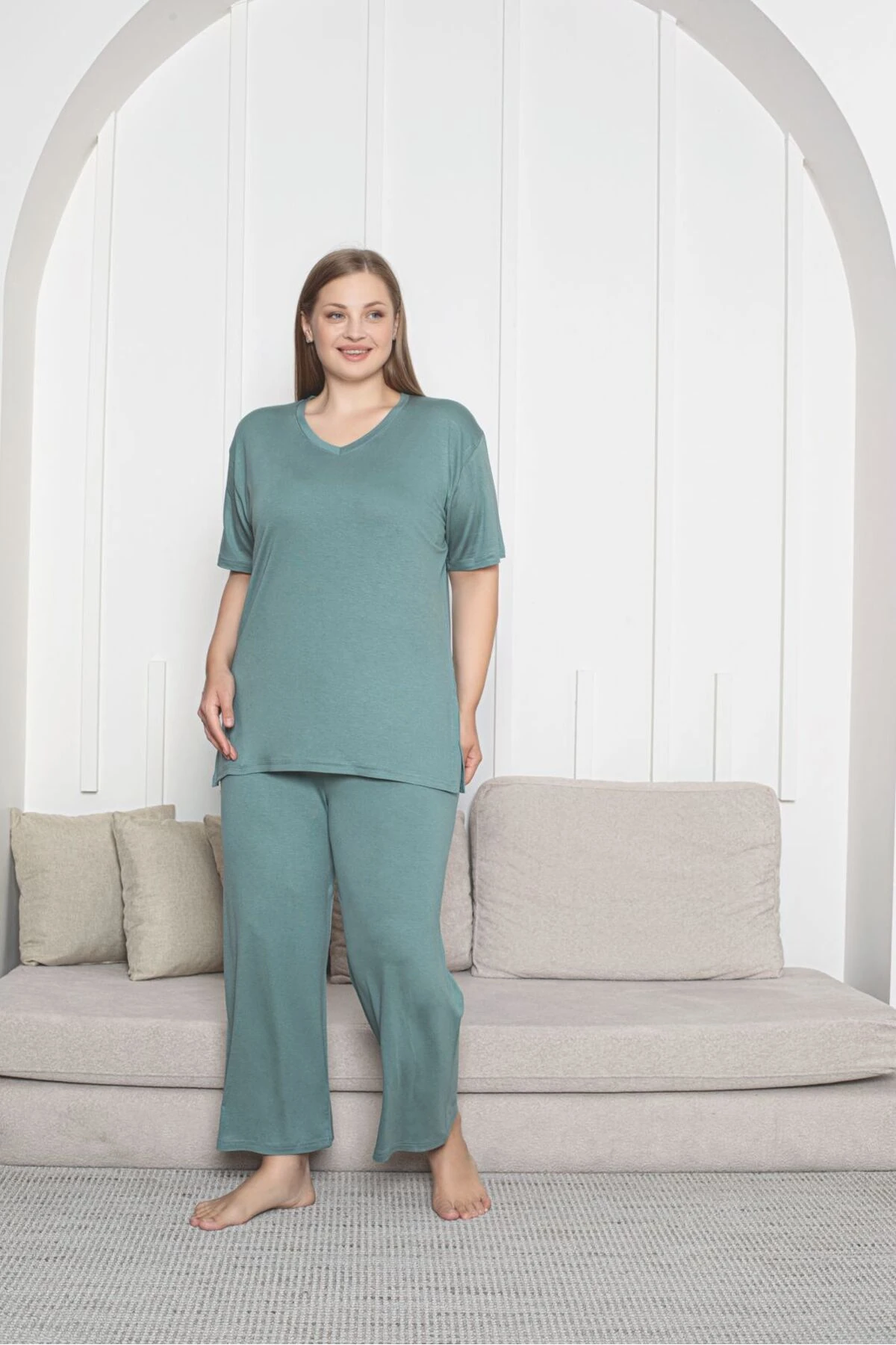 Büyük Beden Likralı Penye Kumaş Yandan Yırtmaçlı 2'li Şık Tunik Alt-üst Takım