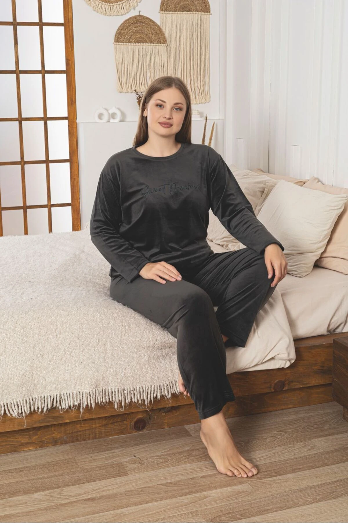 Büyük Beden Haki Uzun Kollu Kadife Pijama Takımı