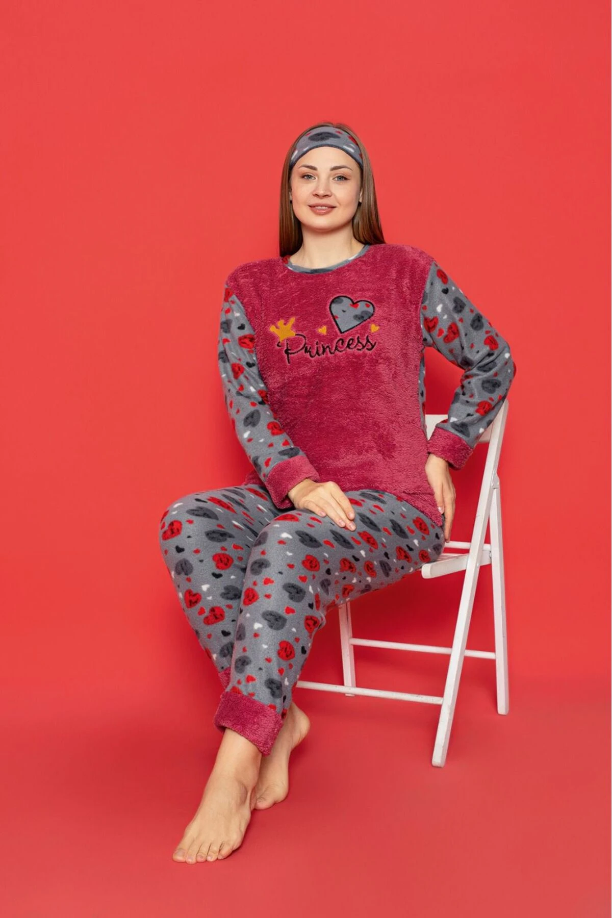 Kalp Desen Büyük Beden Polar Pijama Takımı