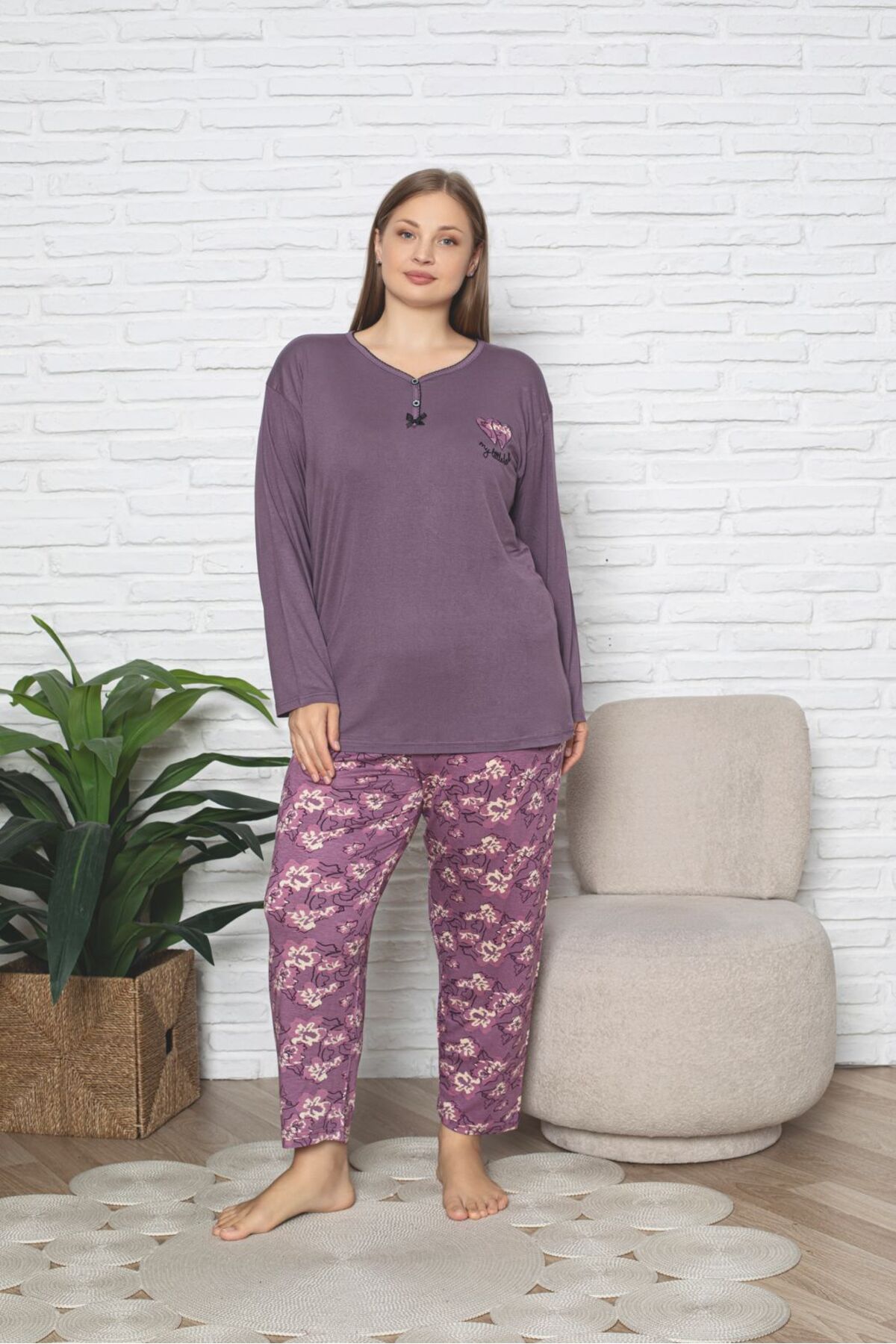 Büyük Beden Uzun Kol Likralı Penye Kumaş Pijama Takım