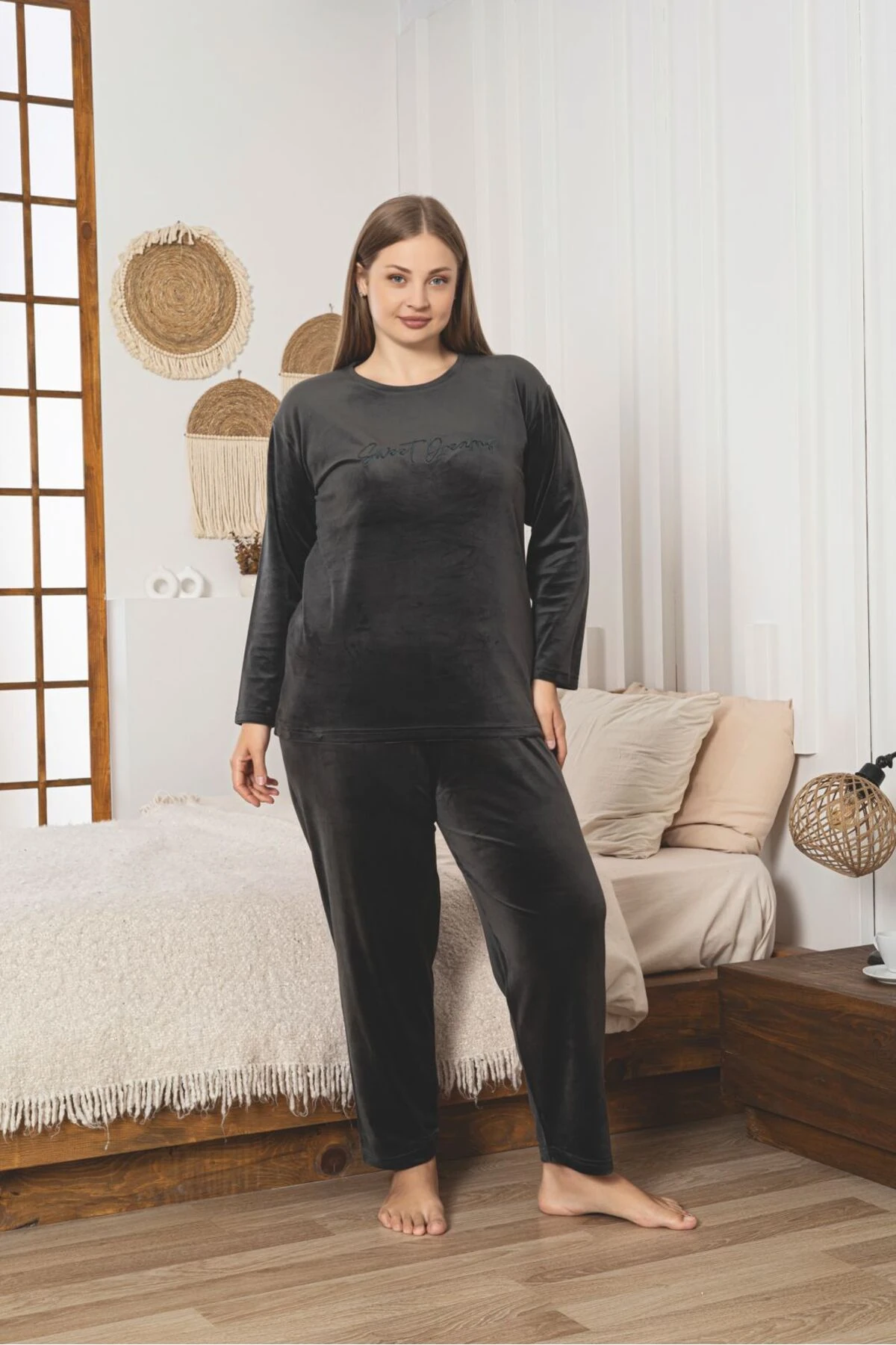 Büyük Beden Haki Uzun Kollu Kadife Pijama Takımı