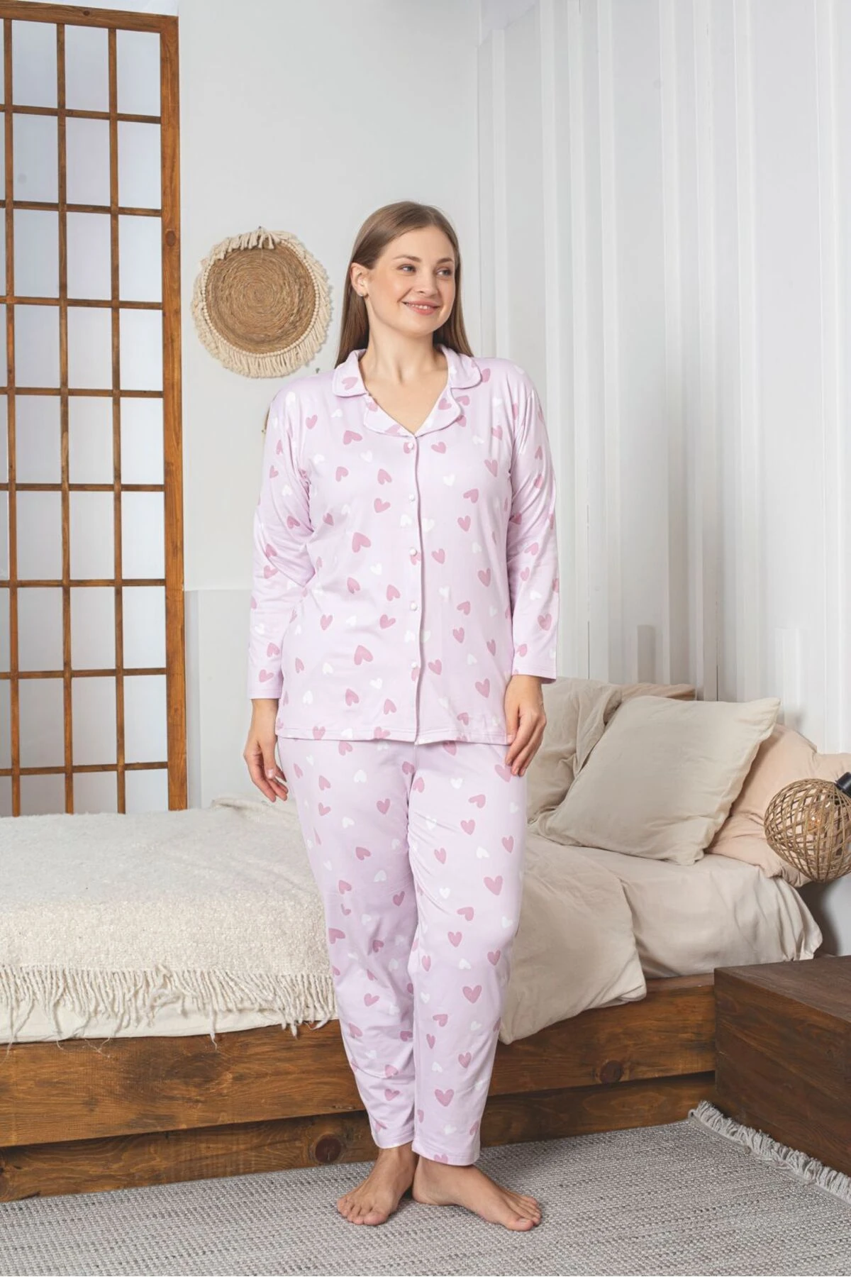 Büyük Beden Sendy Kumaş Boydan Düğmeli Pijama Takımı