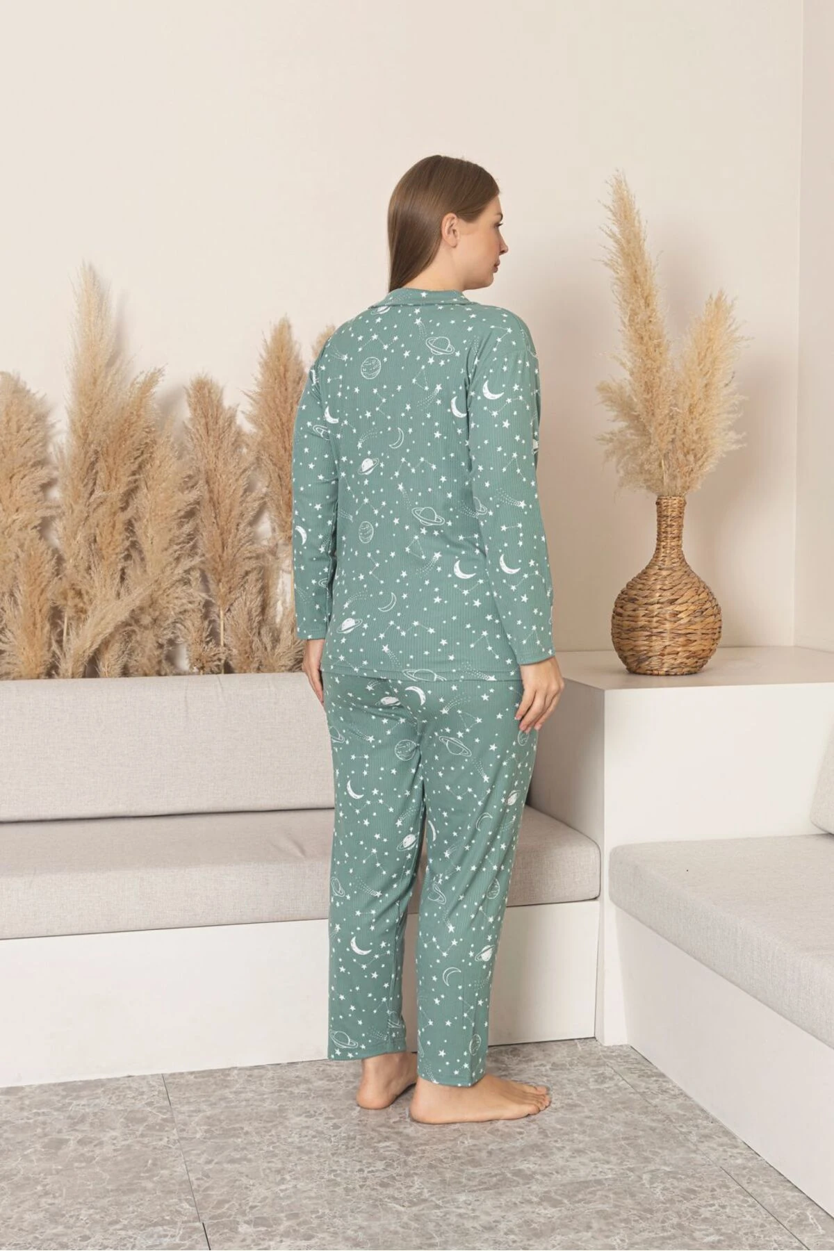 Büyük Beden Bordo Kalp Desen Ultrasoft Uzun Kollu Pijama Takımı