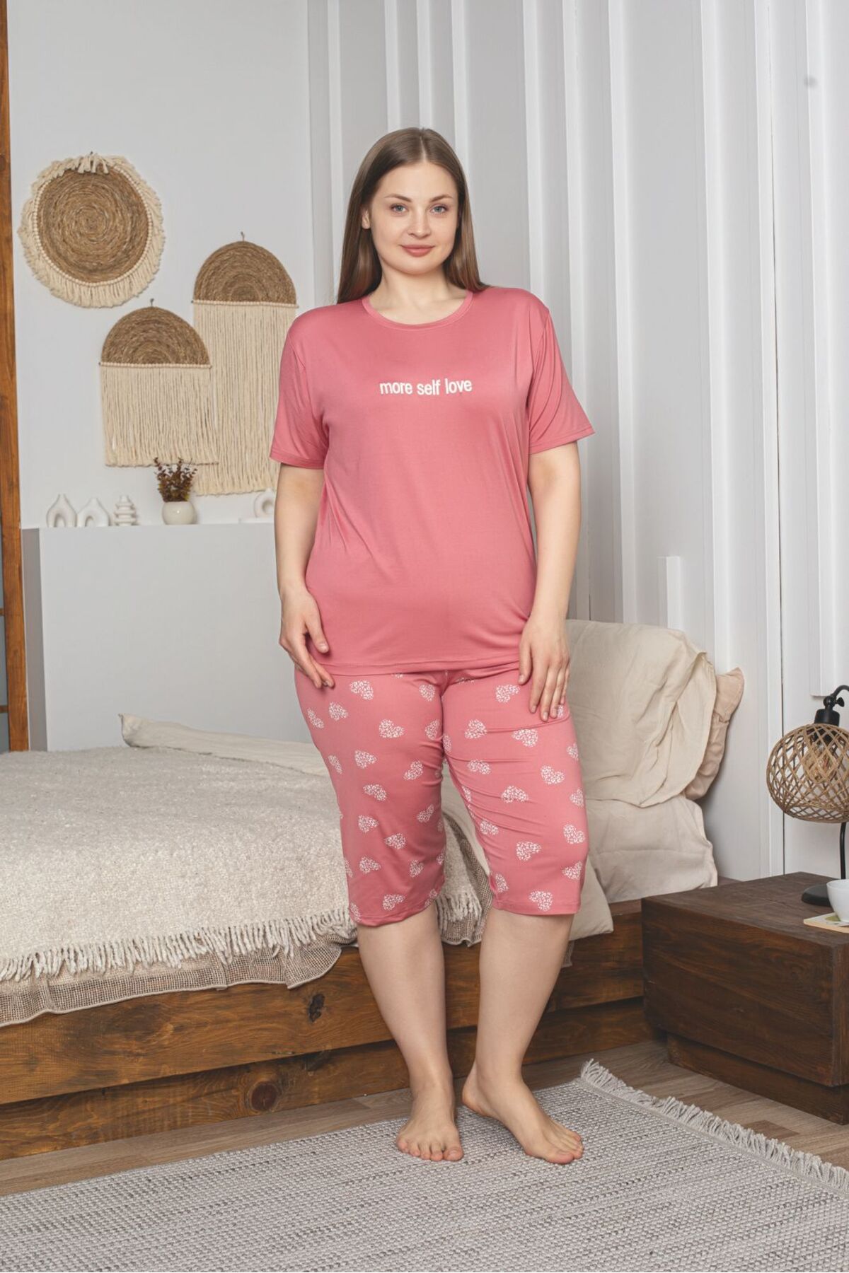 Büyük Beden Likralı Bambu Kapri Pijama Takımı