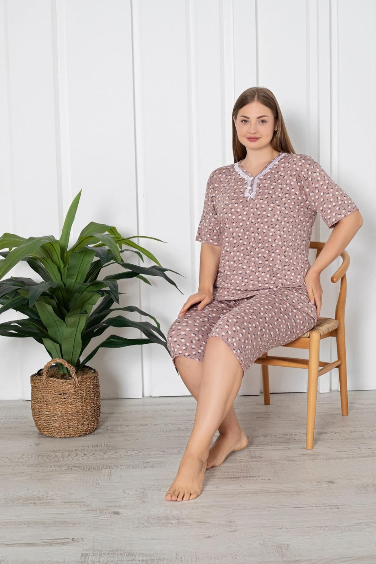 Büyük Beden Likralı Penye Kapri Pijama Takım