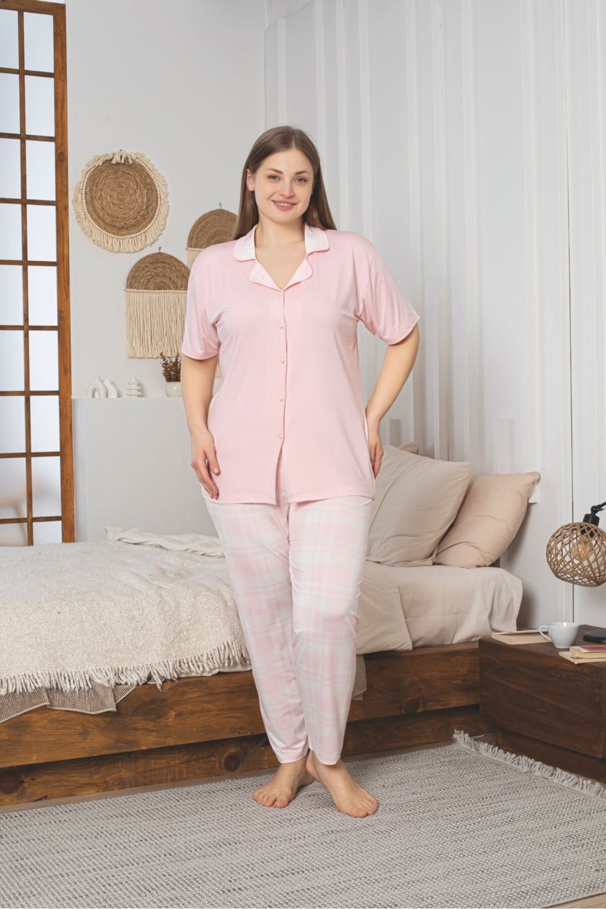 Boydan Düğmeli Büyük Beden Likralı Bambu Pijama Takımı