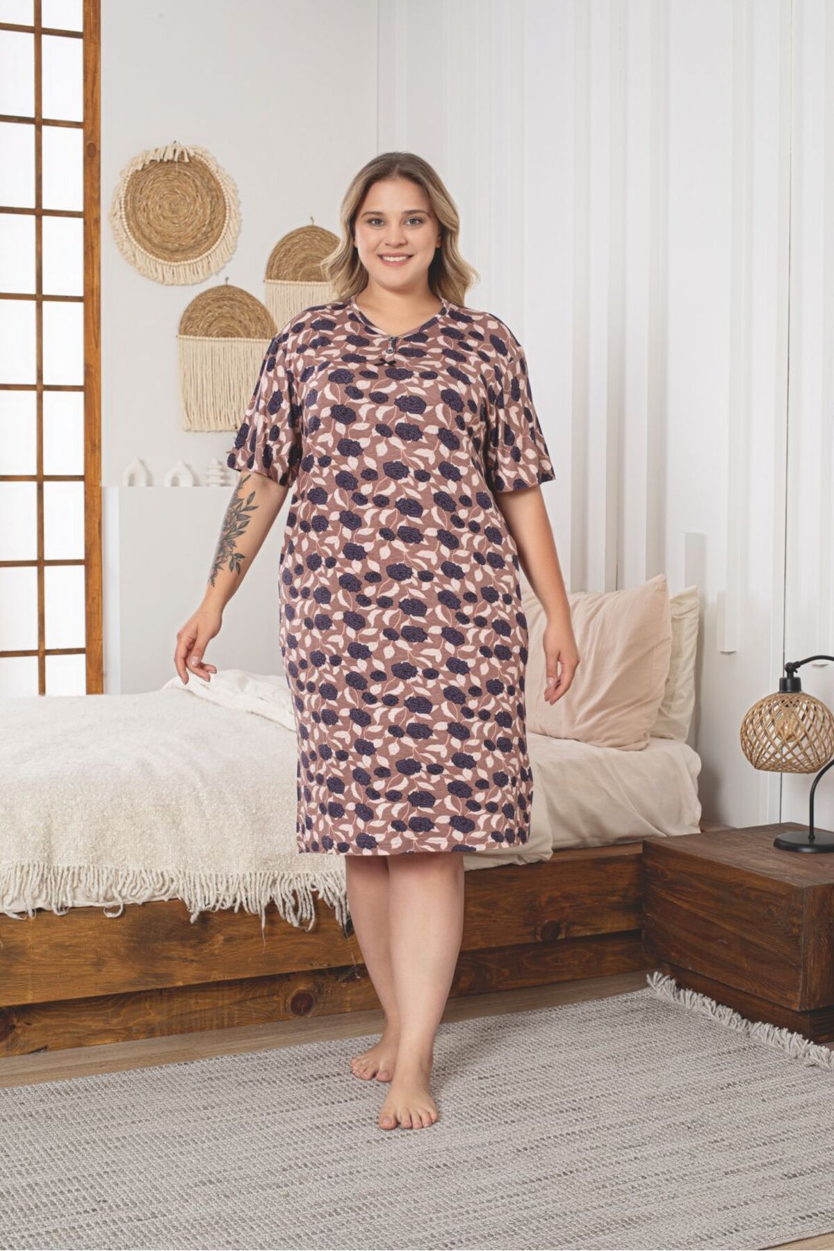 Kadın Çiçek Desenli Büyük Beden Likralı Penye Elbise