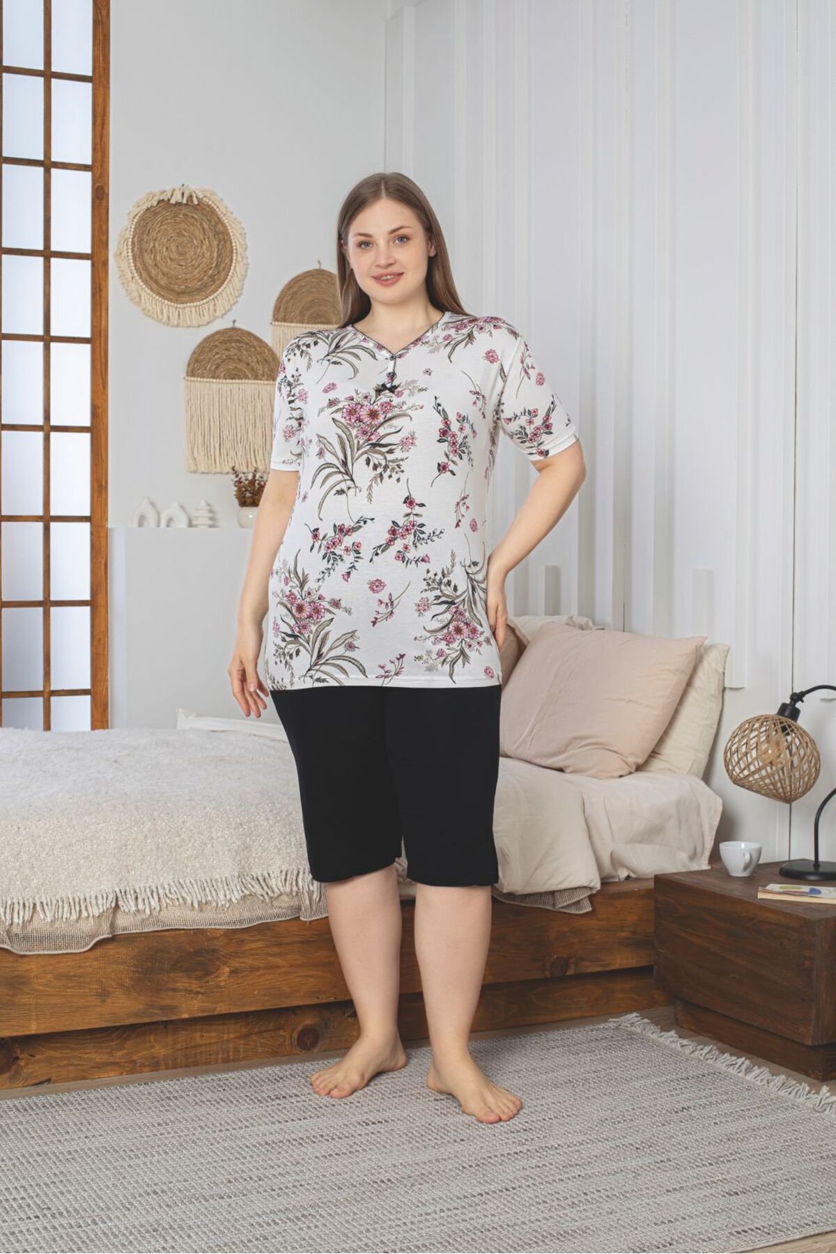 Büyük Beden Likralı Penye Kapri Pijama Takımı