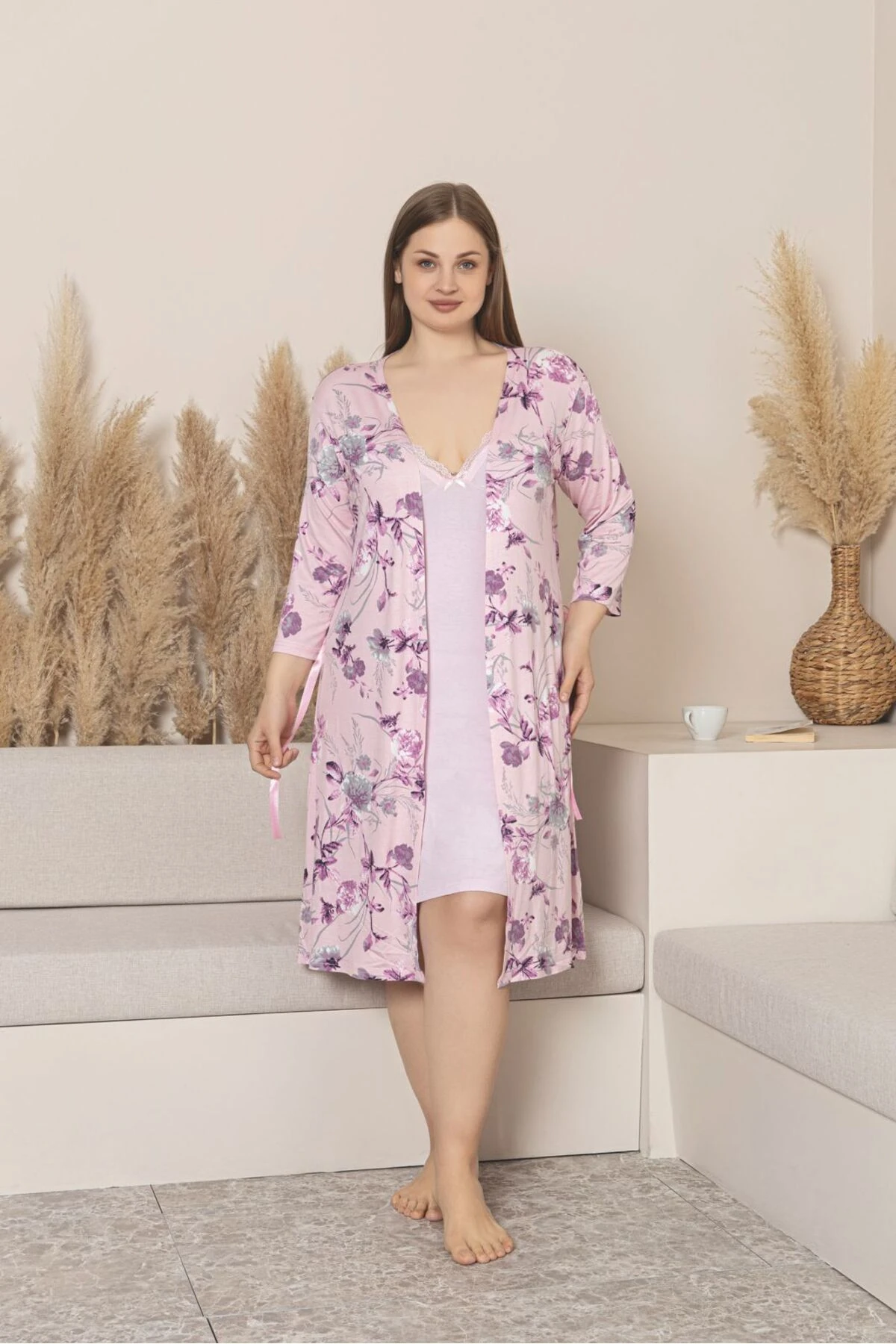 Kadın Büyük Beden İpeksi Likralı Penye Sabahlık Takım